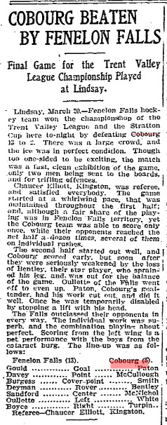 1905-03-21 Hockey -Cobourg vs Fenelon Falls in Trent Valley League