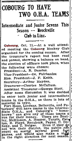 1905-10-11 Hockey -Cobourg to enter Junior and Intermediate Teams