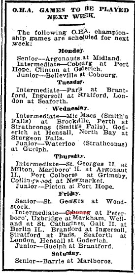 1905-12-30 Hockey -Intermediate and Junior Schedule for the week