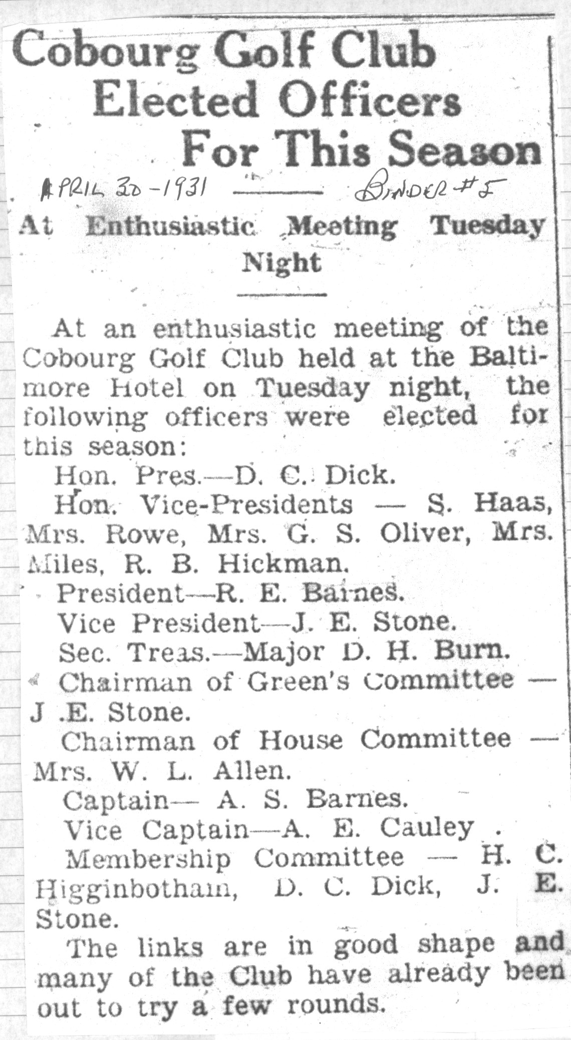 1931-04-31 Golf -Cobourg Club officers elected