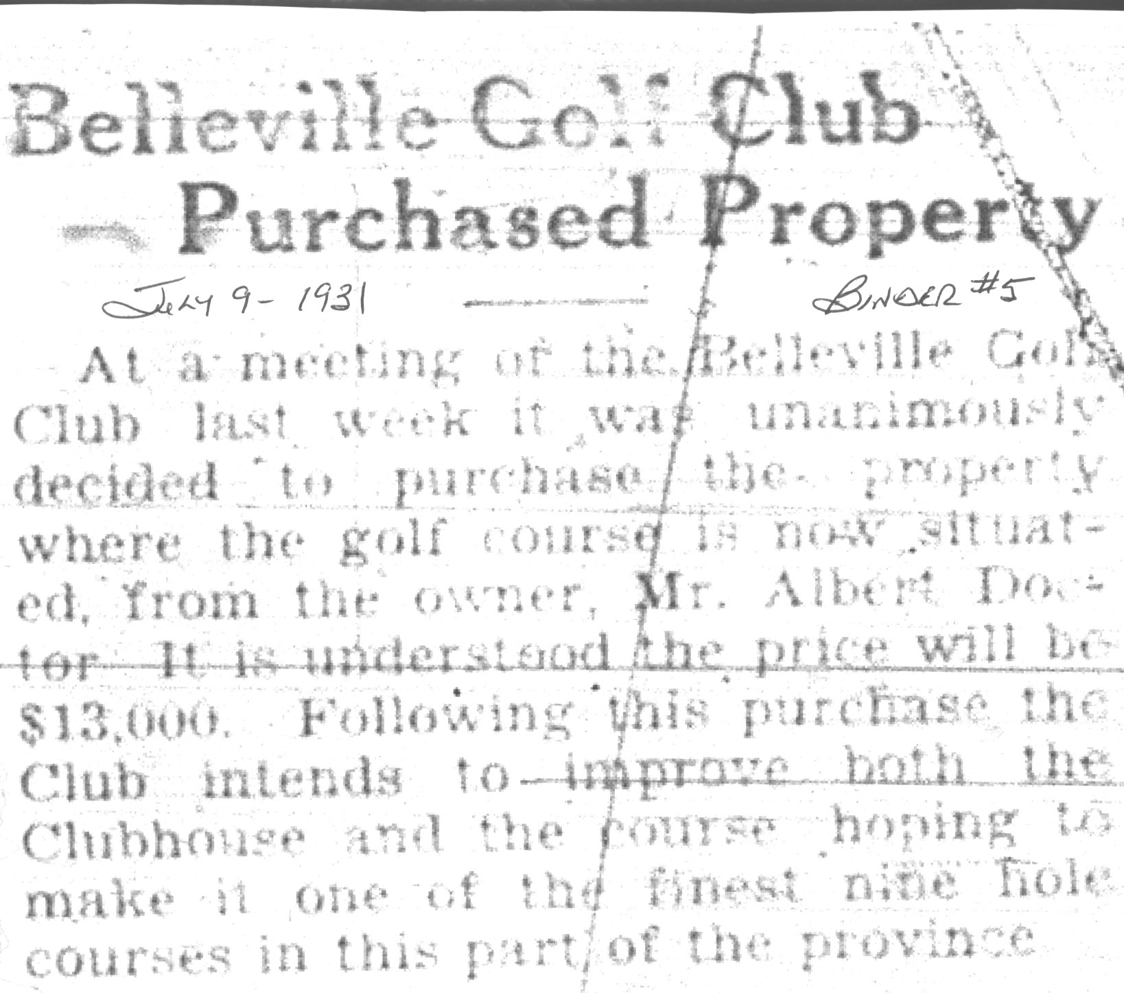 1931-07-09 Golf -Belleville Club buys course property