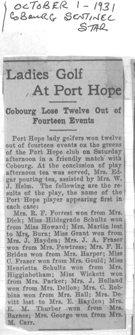 1931-10-01 Golf -Cobourg ladies at PH