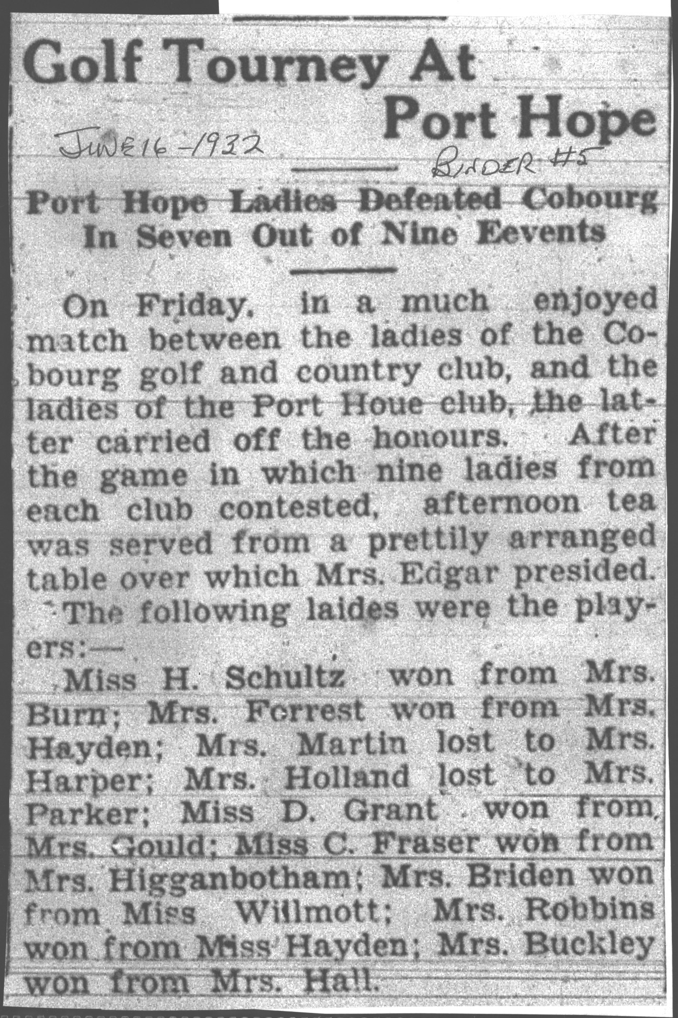 1932-06-16 Golf -Cobourg Ladies at PH