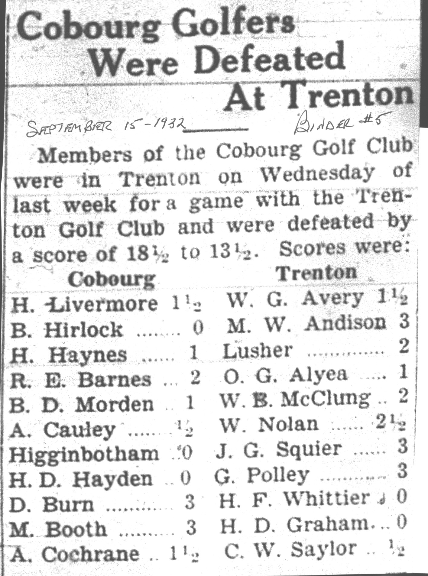 1932-09-15 Golf -Cobourg Club at Trenton