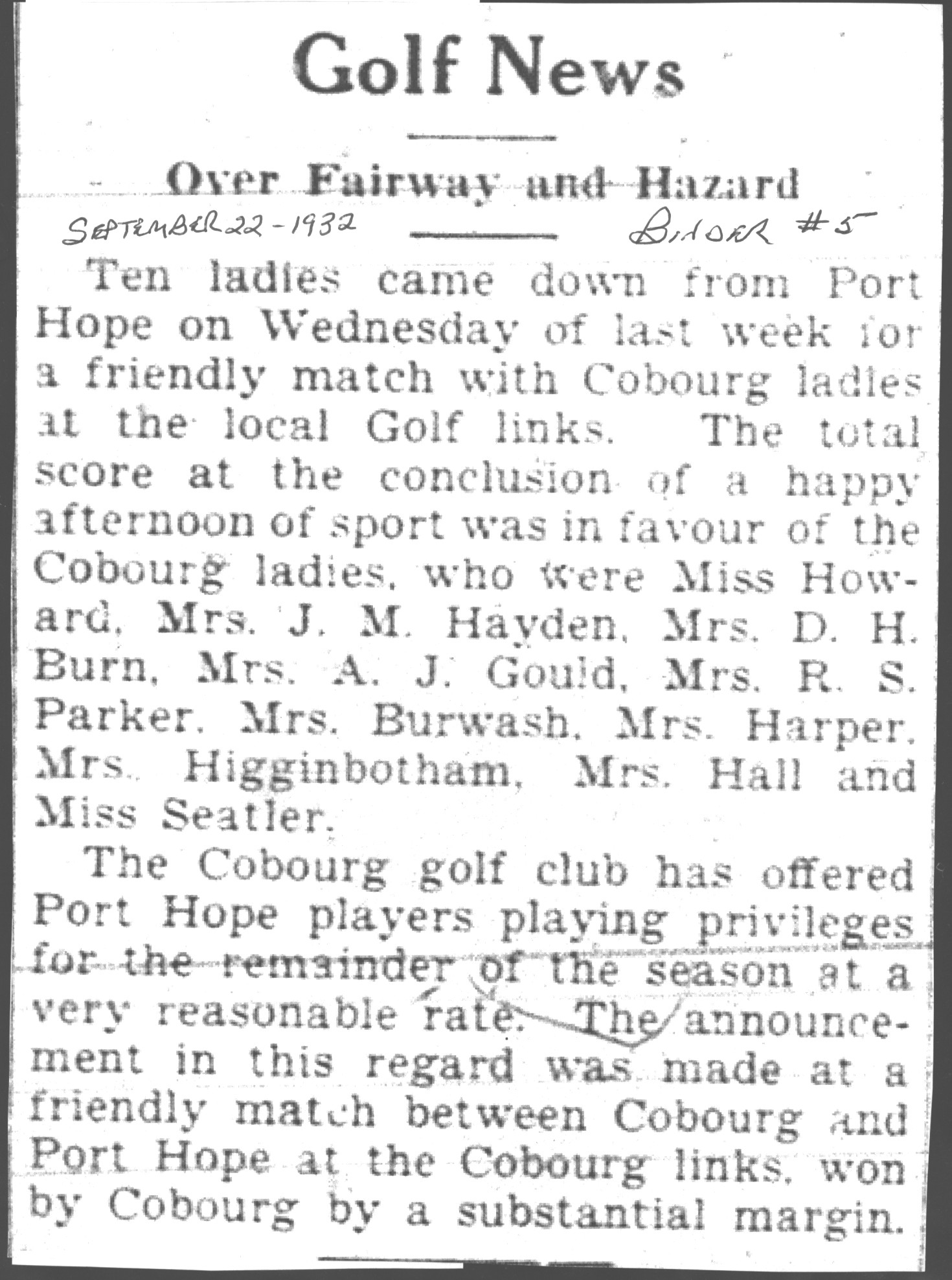 1932-09-22 Golf -PH Ladies at Cobourg club