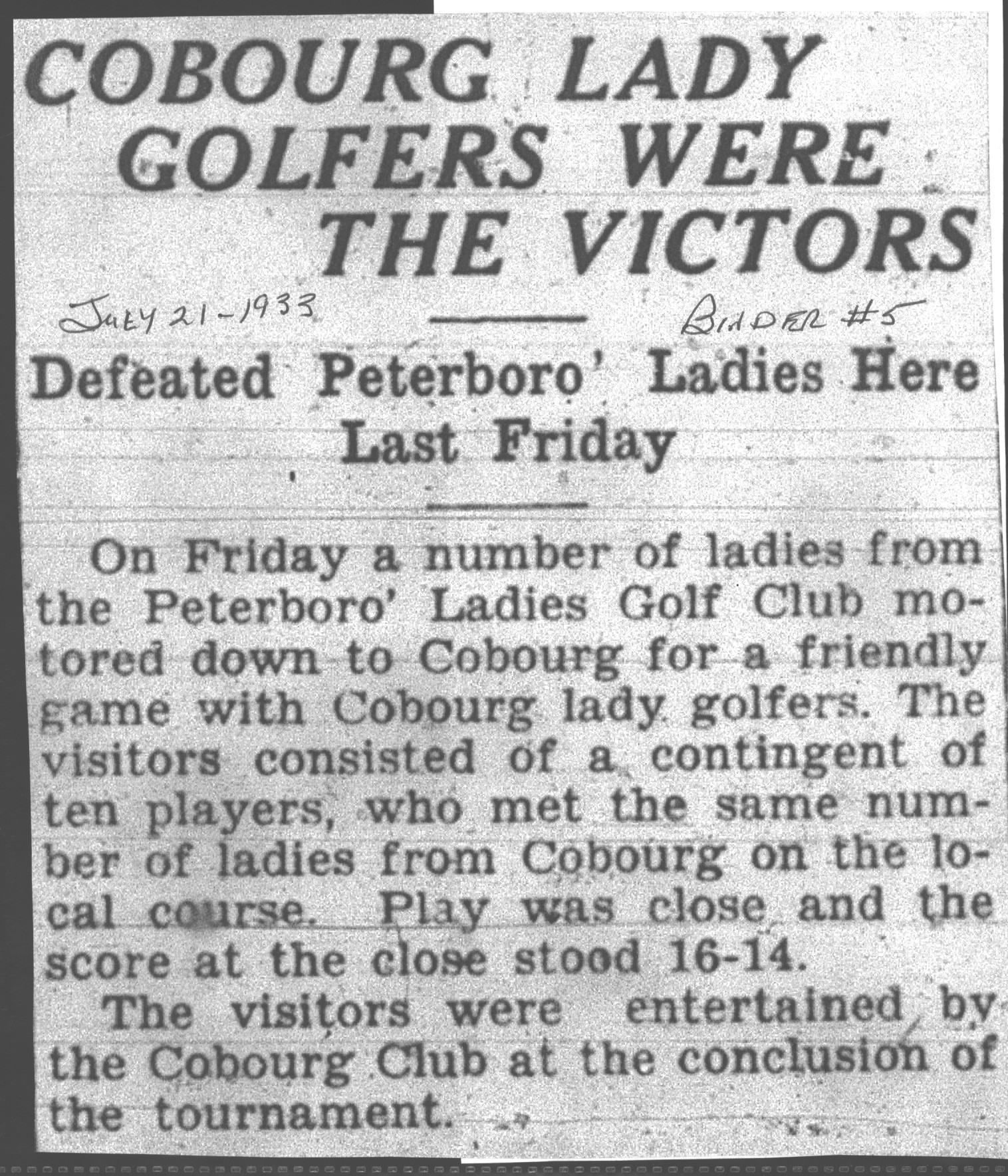 1933-07-21 Golf -Ptbo Ladies at Cobourg Club