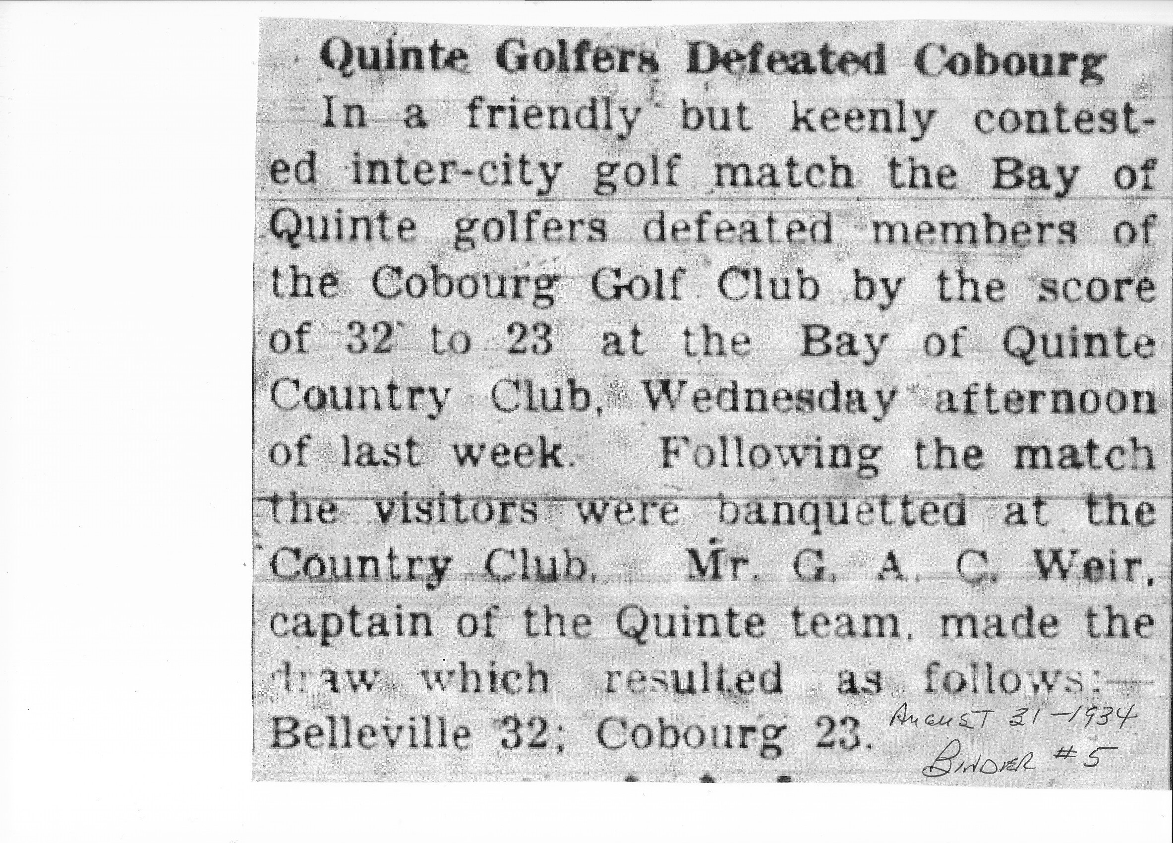 1934-08-31 Golf -Bay of Quinte vs Cobourg