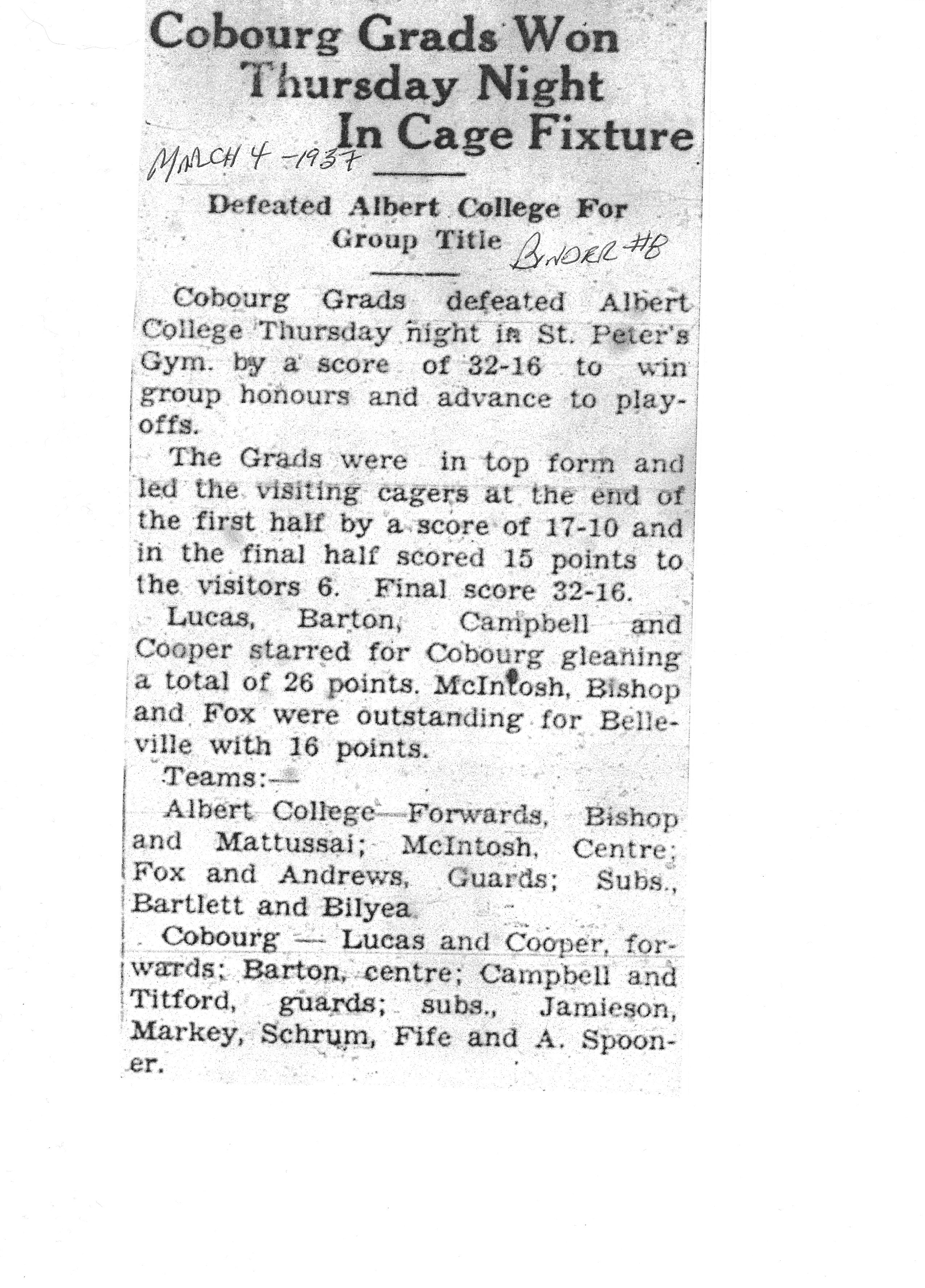 1937-03-04 Basketball -Cobourg Grads vs Albert College