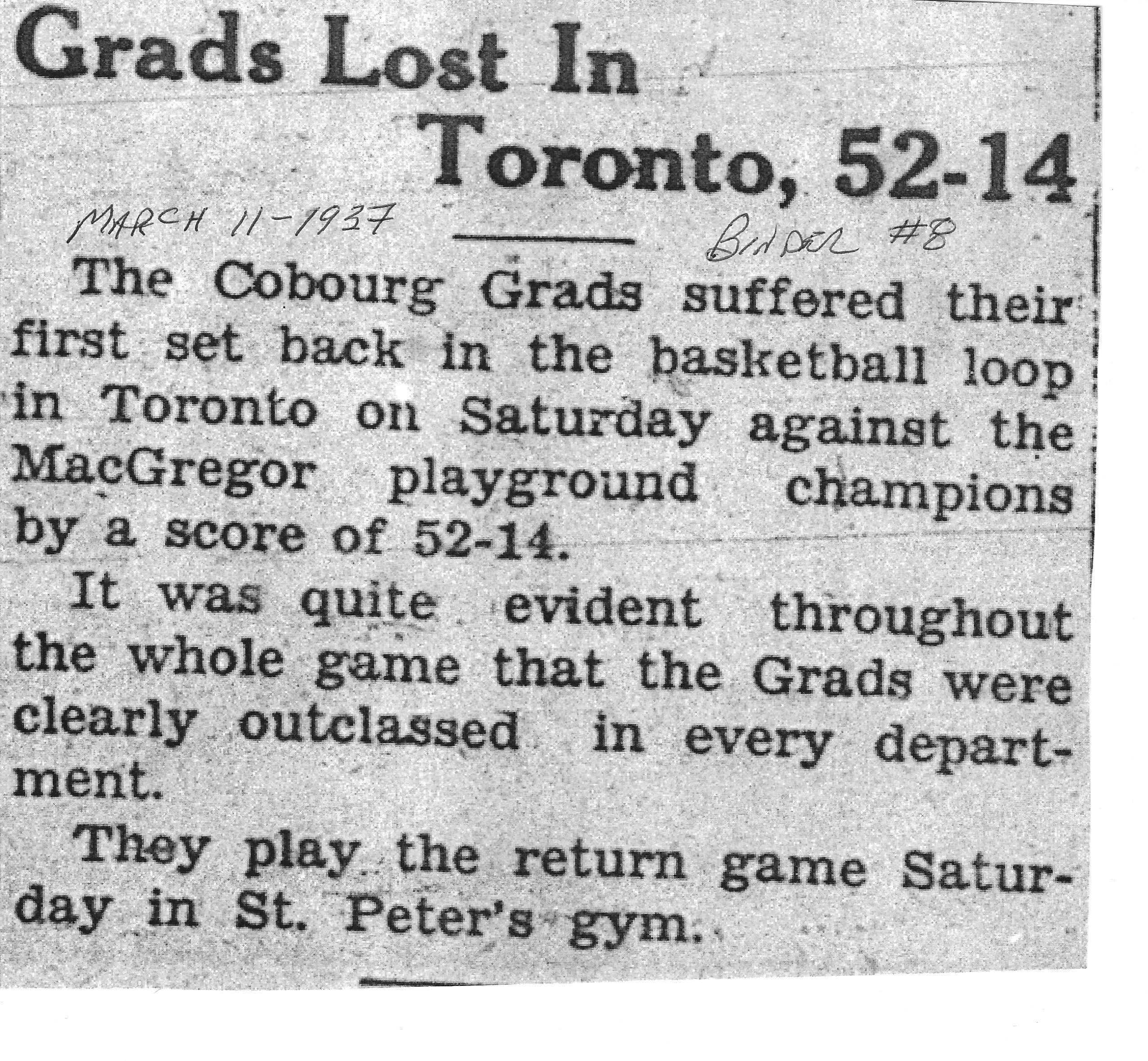 1937-03-11 Basketball -Cobourg Grads vs Toronto