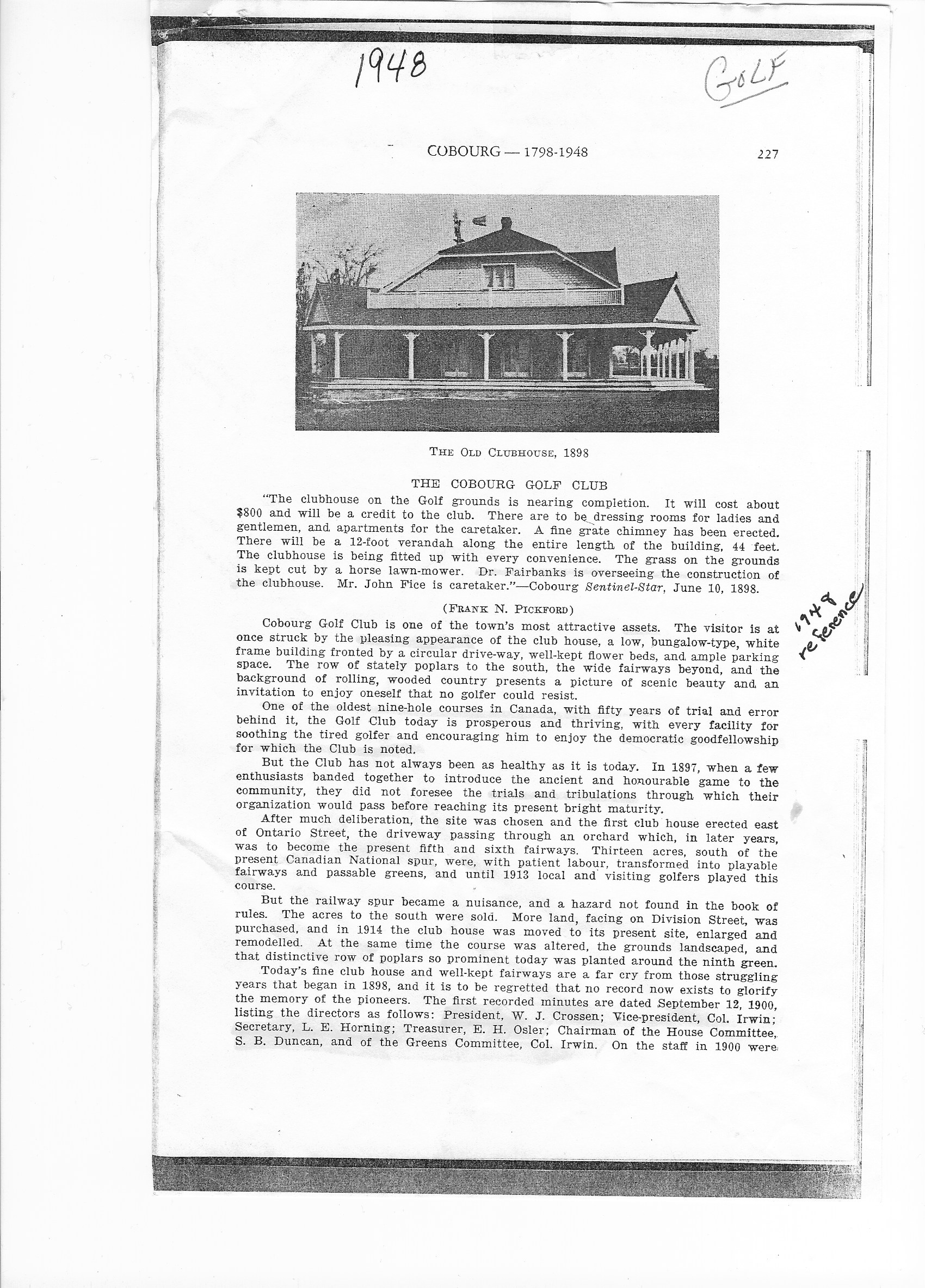1948-01-01 Golf -Cobourg Golf Club History Pg1