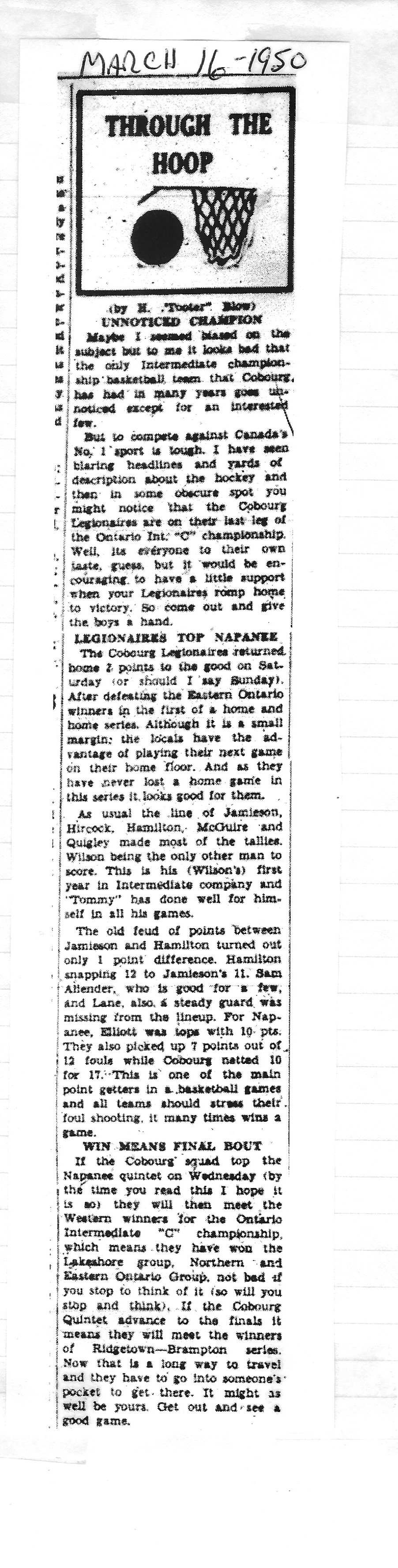 1950-03-16 Basketball -Commentary on Legionnaires game vs Napanee-Eastern Ont Finals
