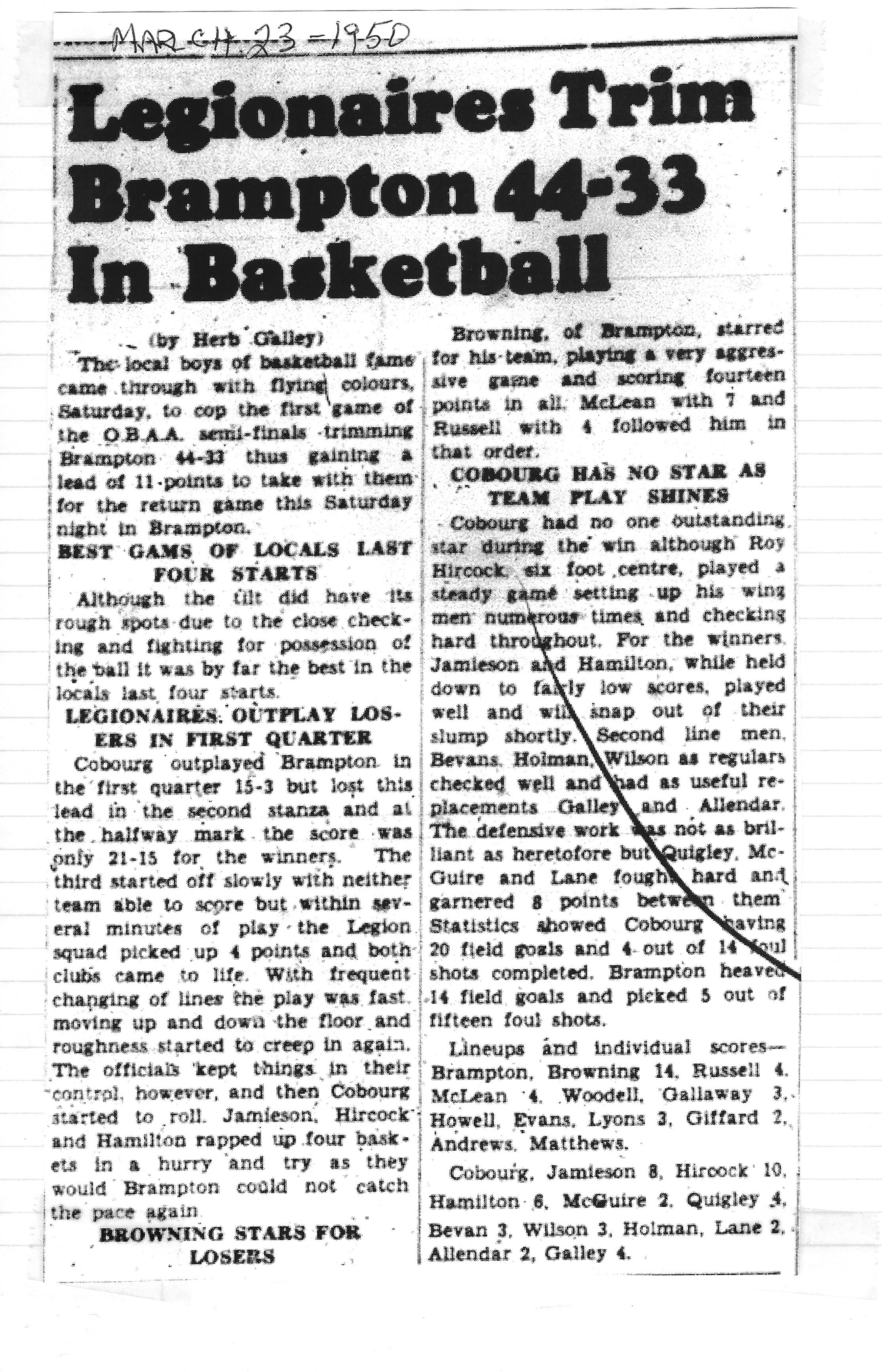 1950-03-23 Basketball -OBAA Semi-finals Cobourg vs Brampton