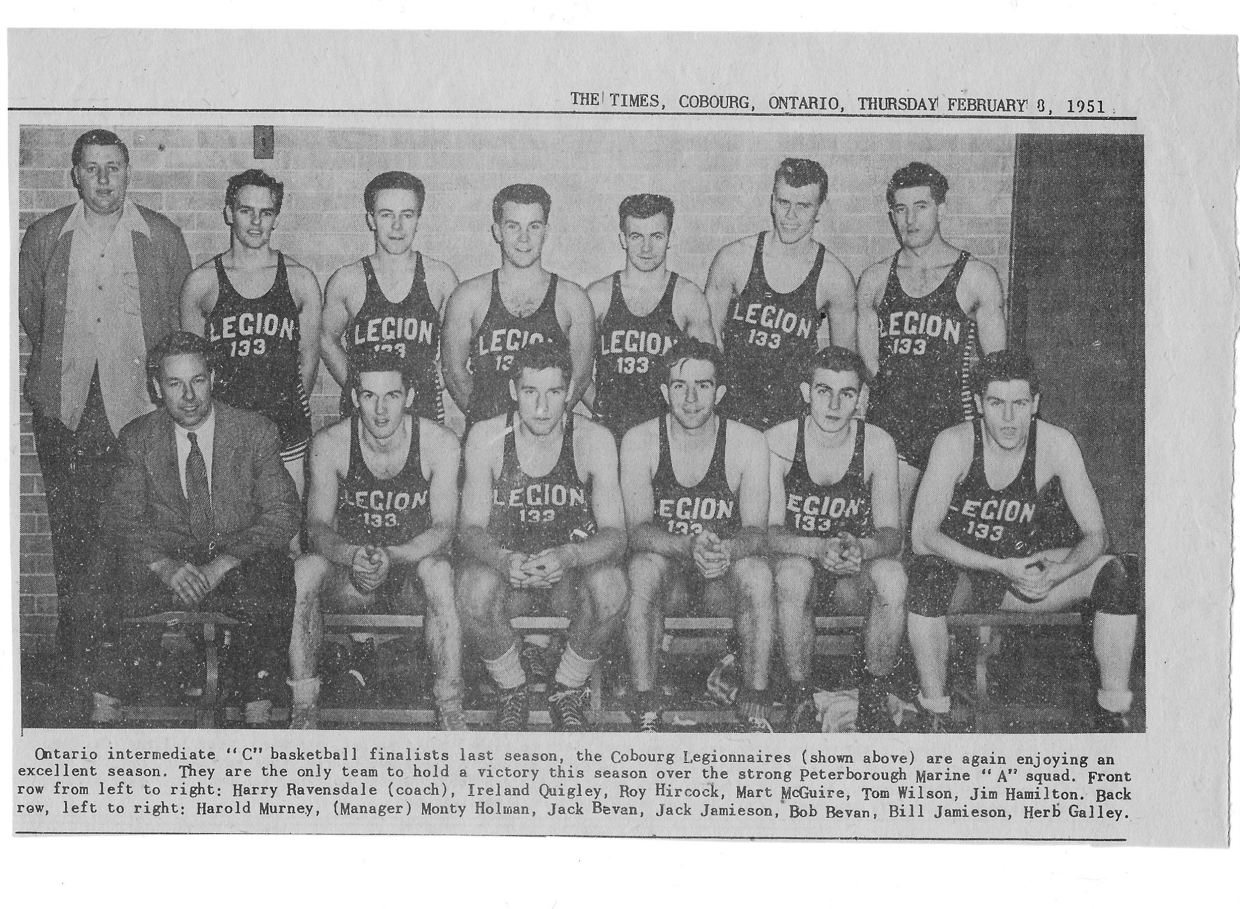 1951-02-09 Basketball -photo 1950 Ontario Intermediate C Finalists-Cobourg Legionnaires