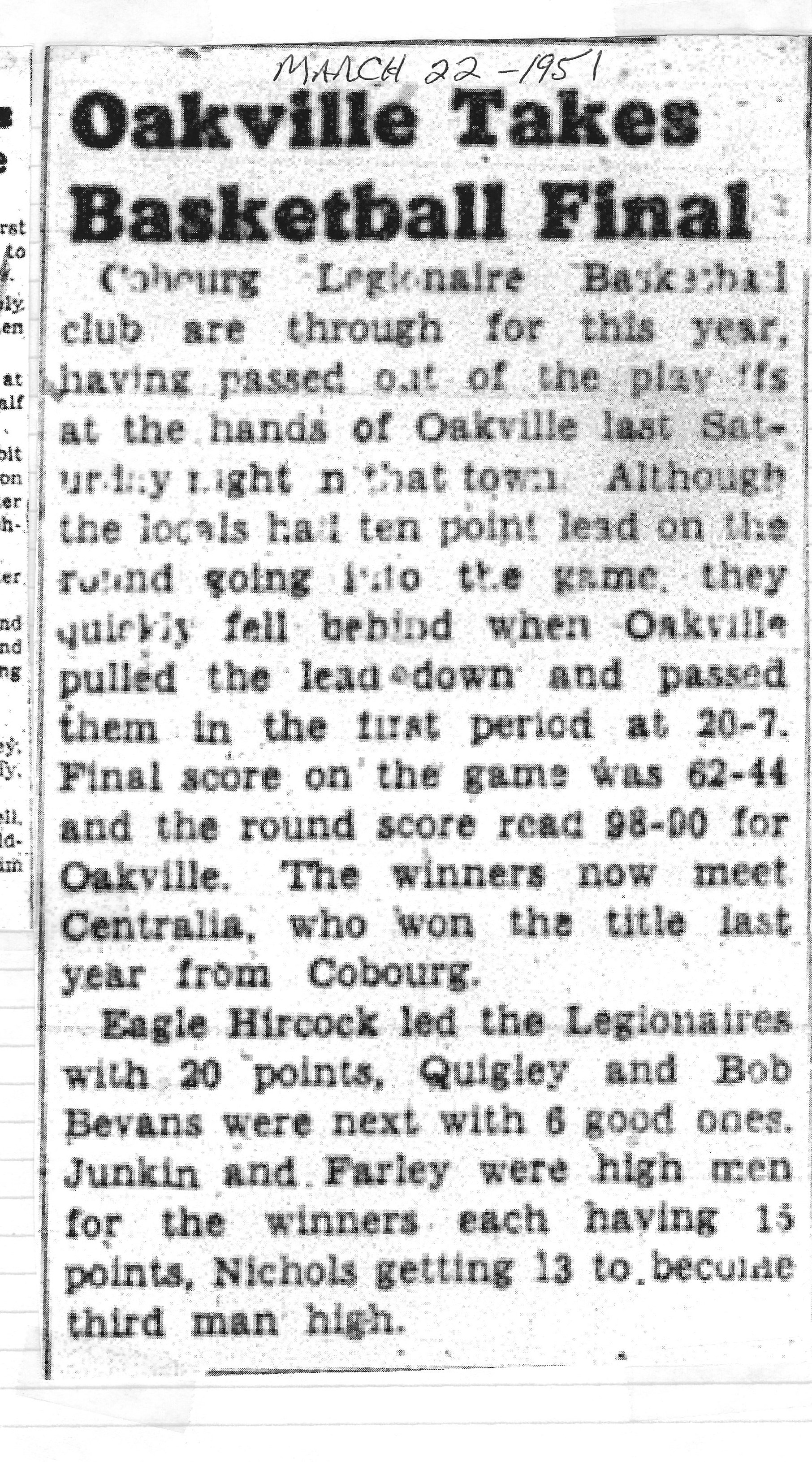 1951-03-22 Basketball -Legionaires vs Oakville in Playoffs