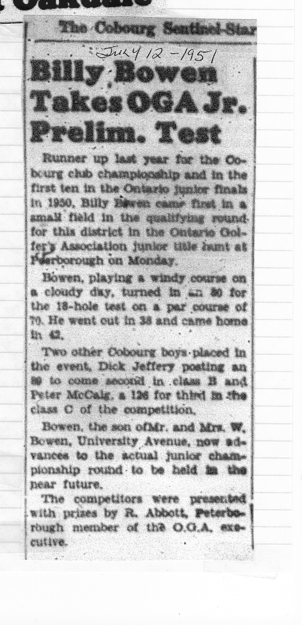 1951-07-12 Golf -Junior Ontario Preliminaries