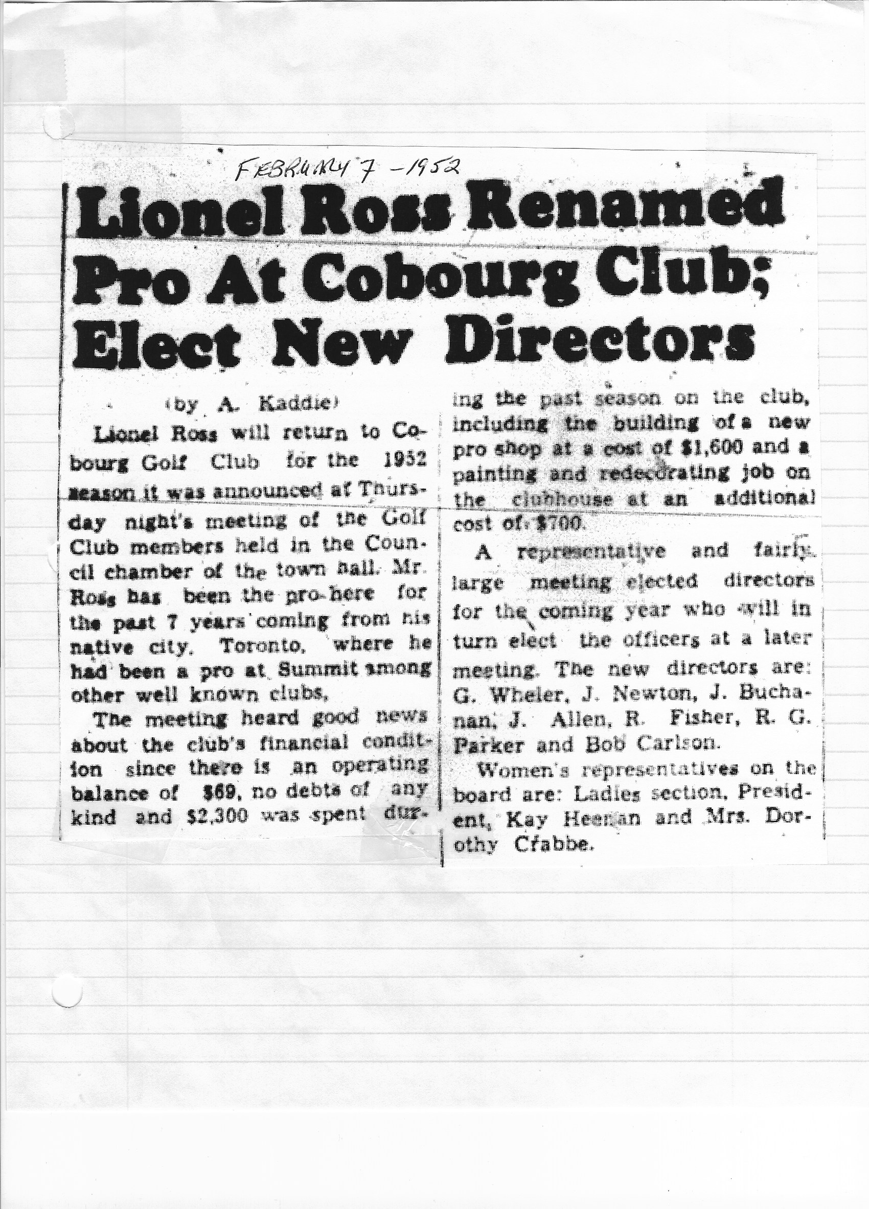 1952-02-07 Golf -Pro and Directors announced