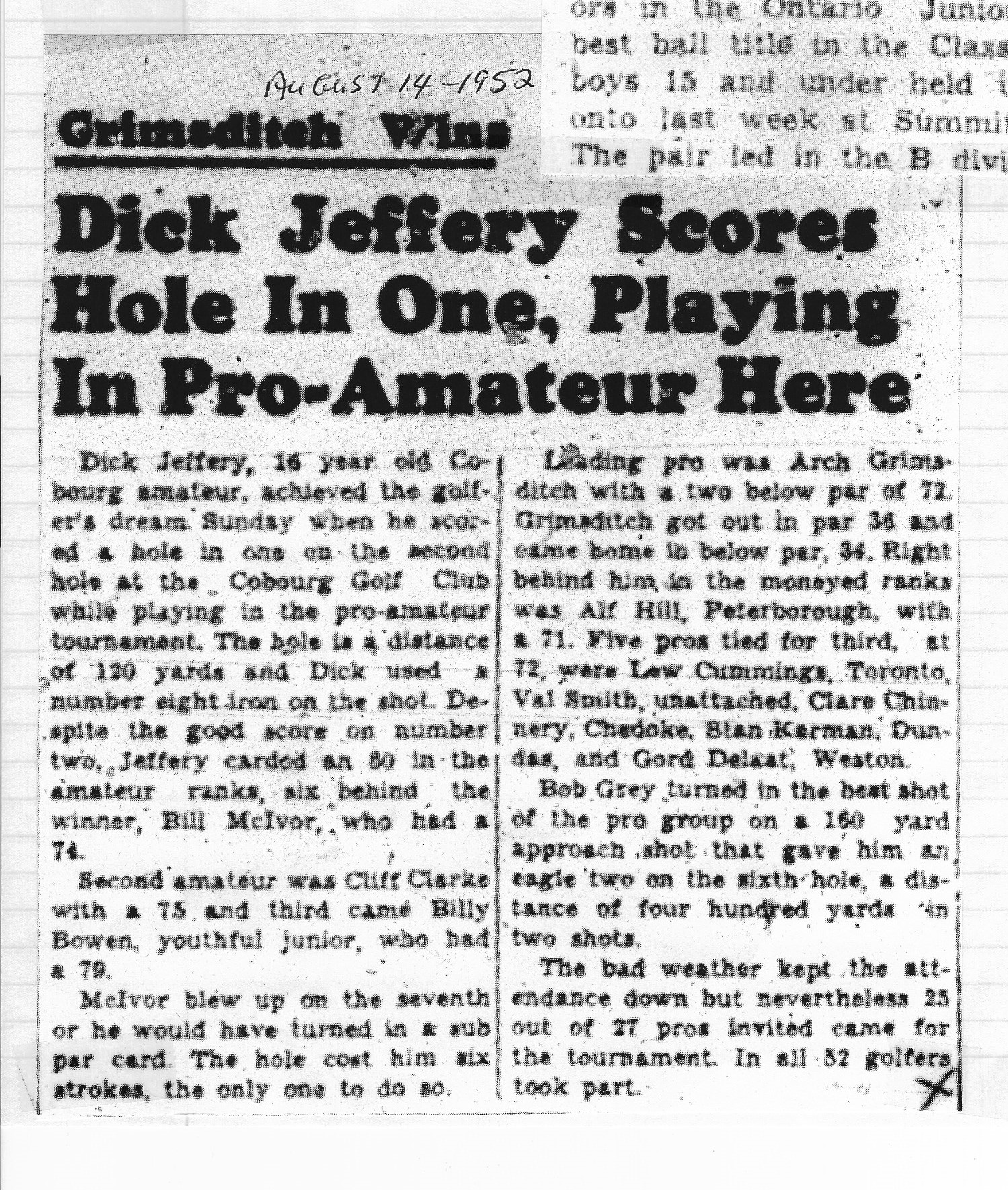 1952-08-14 Golf -Dick Jeffery  Hole in one