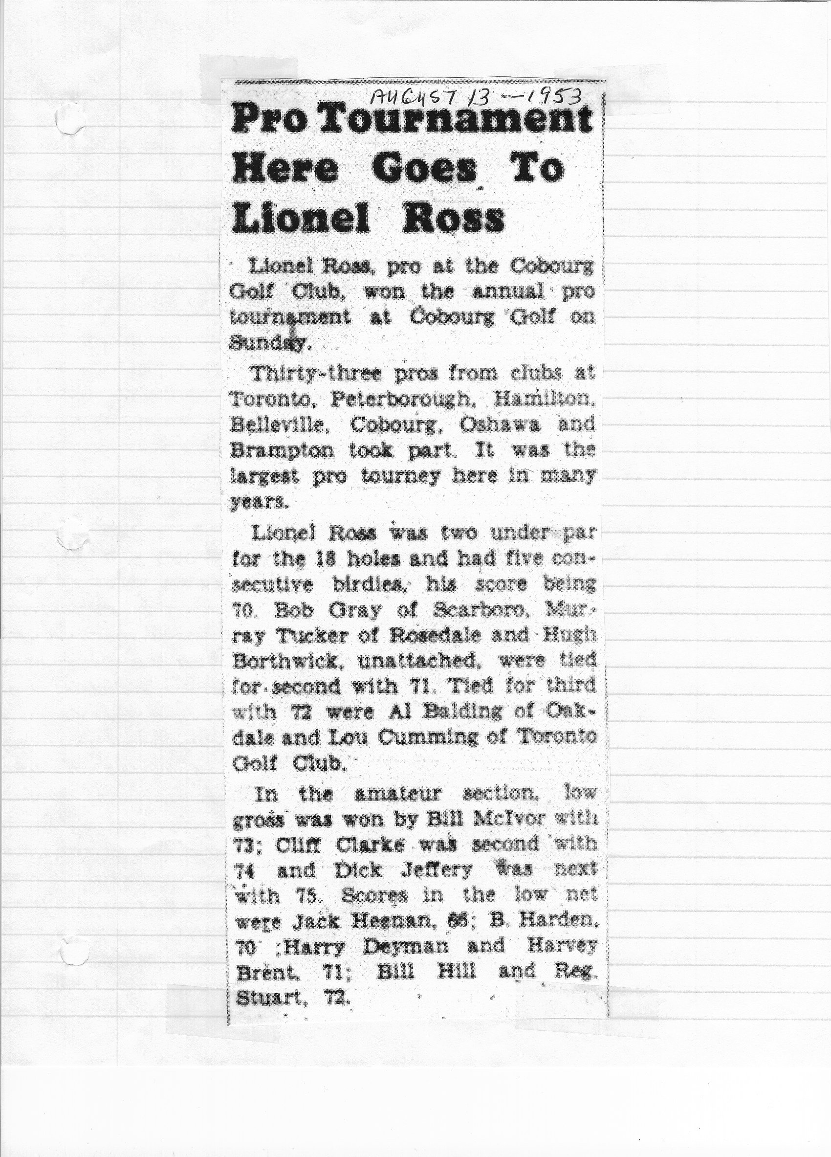 1953-08-13 Golf -Lionel Ross wins pro tournament