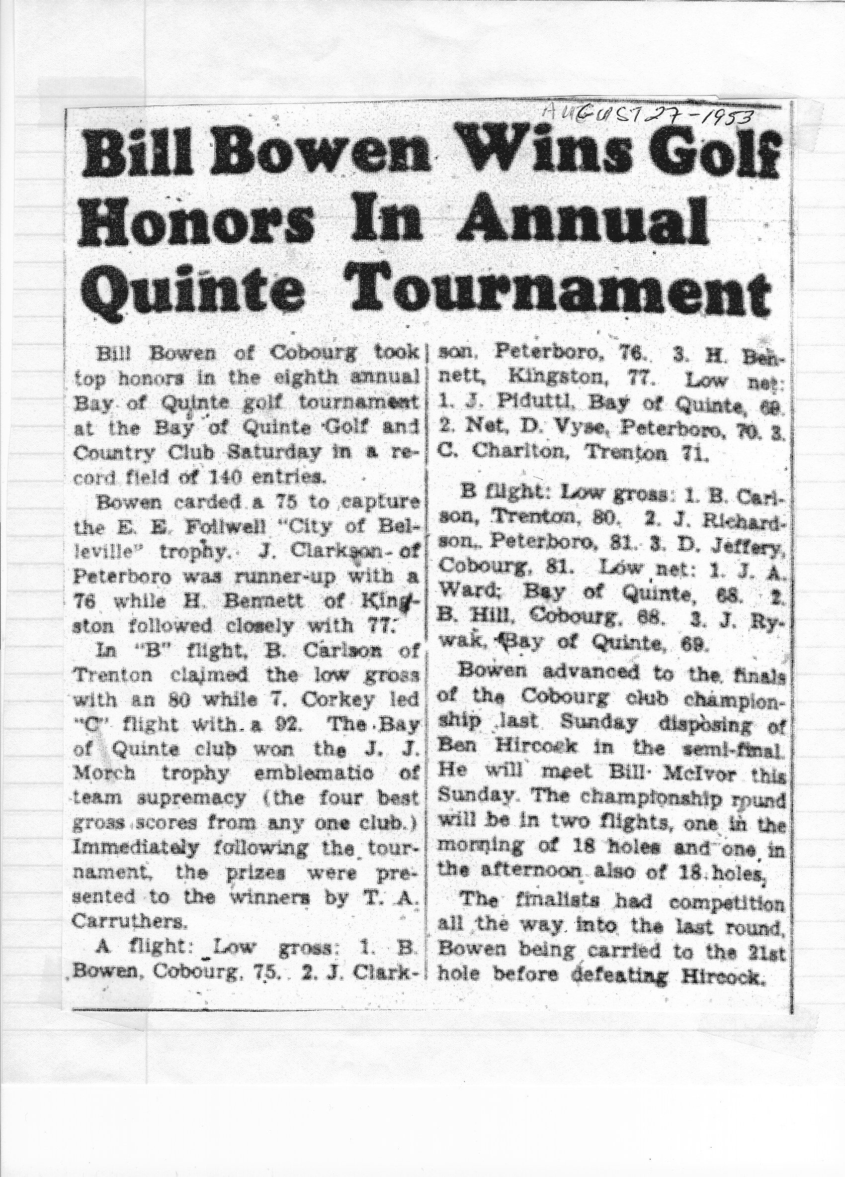1953-08-27 Golf -Bill Bowen wins Quinte Tournament