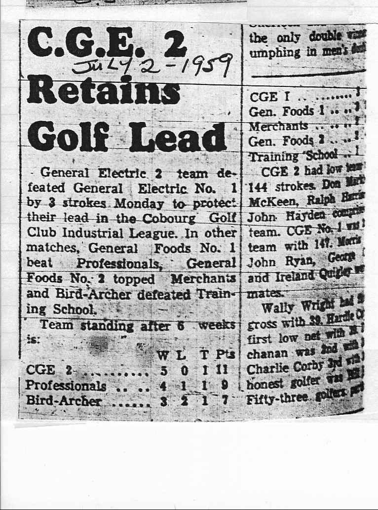 1959-07-02 Golf -Cobourg Industrial League Results