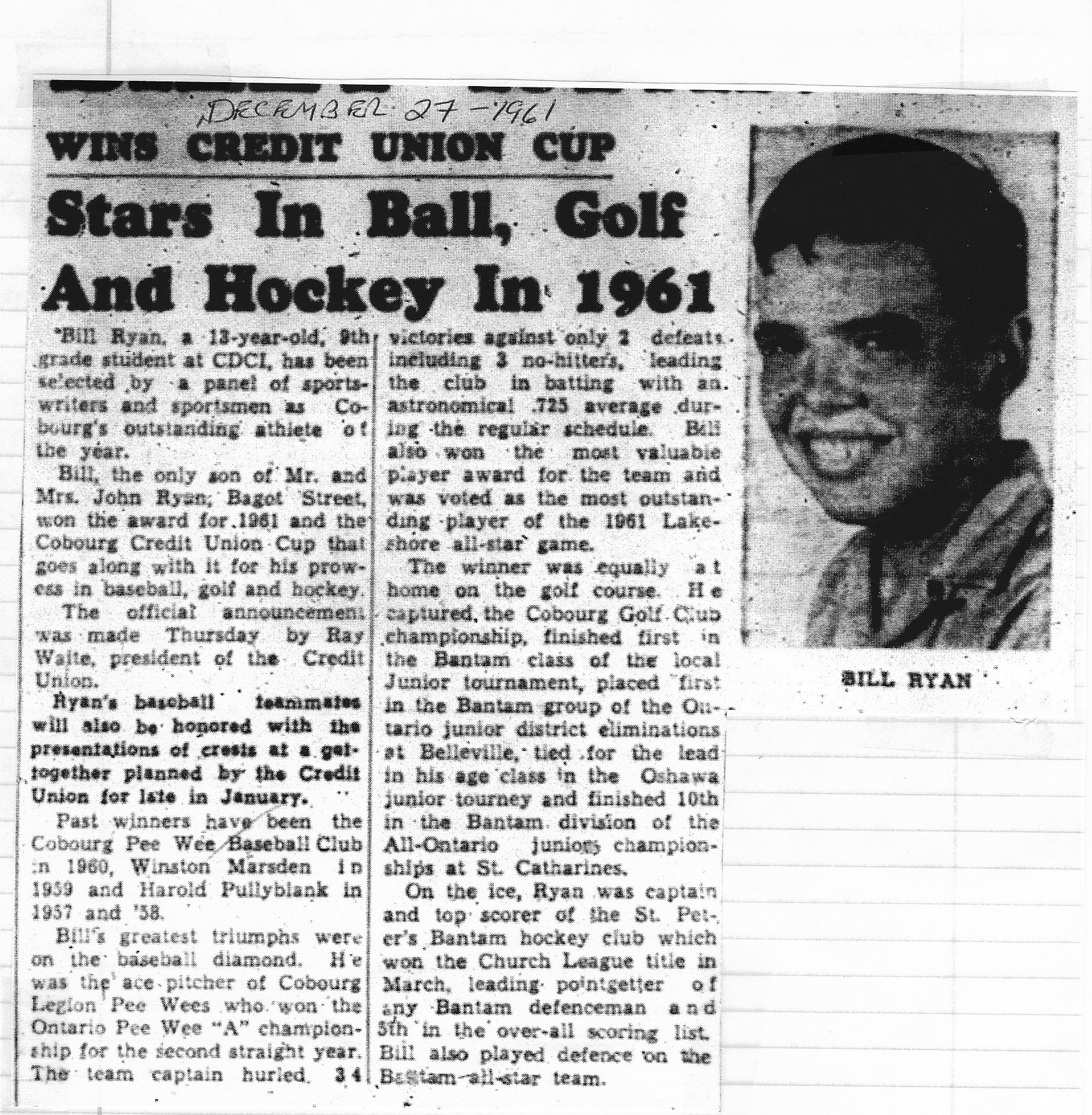 1961-12-27 Golf -Bill Ryan Outstanding Athlete of the Year