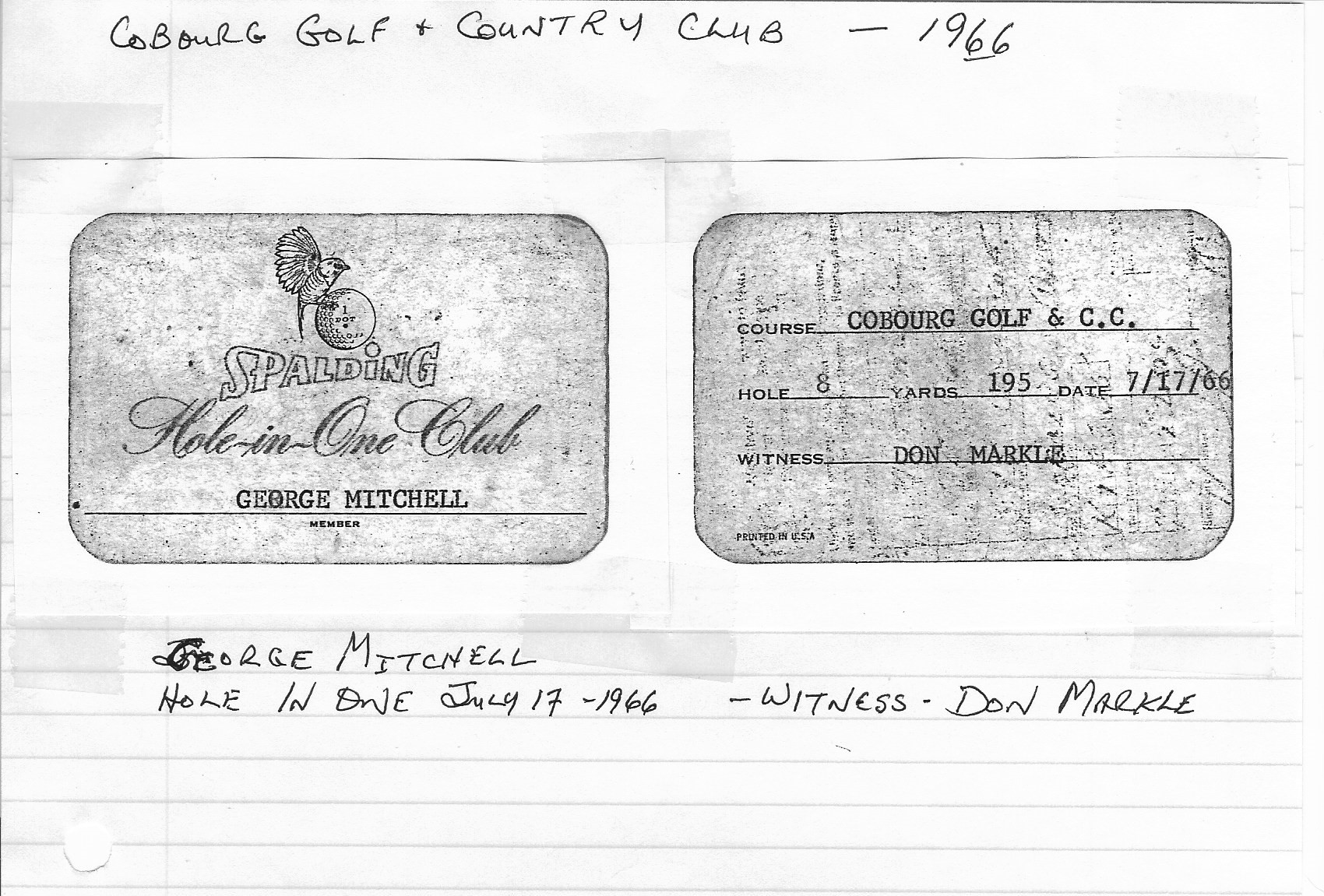 1966-07-17 Golf -George Mitchell Hole-in-One Club Card