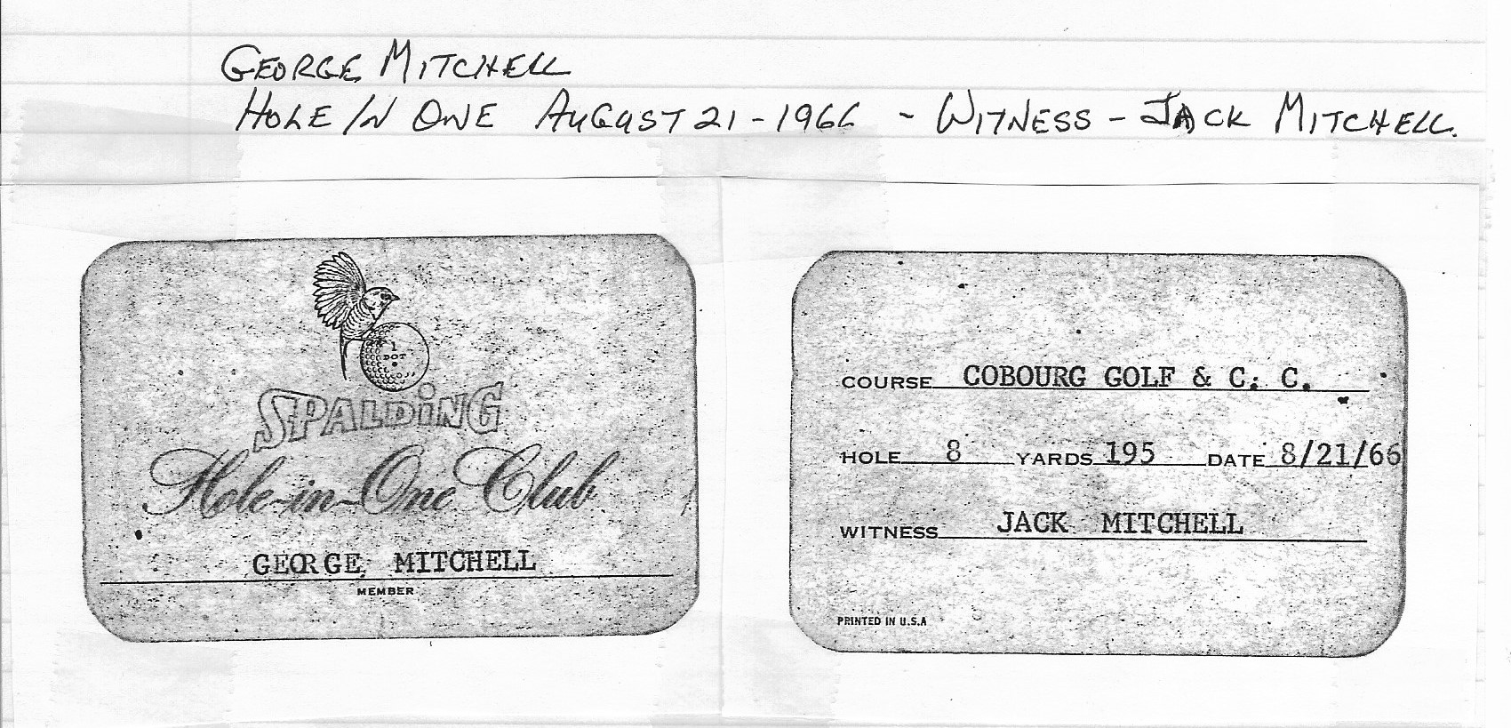 1966-08-21 Golf -George Mitchell Hole-in-One Club Card