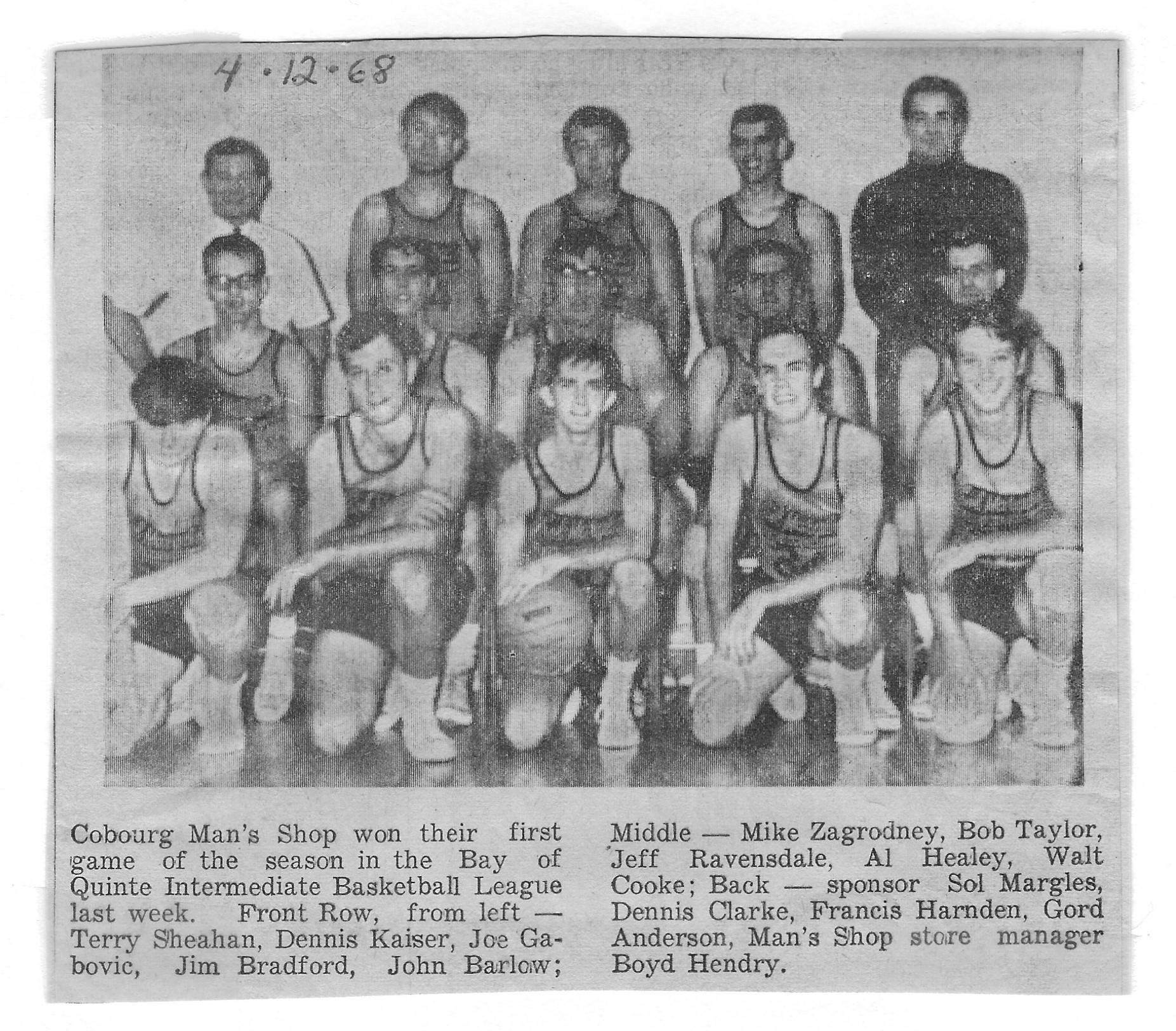 1968-12-04 Basketball -Cobourg Men's Shop Team Photo-Quinte Intermediate Basketball League