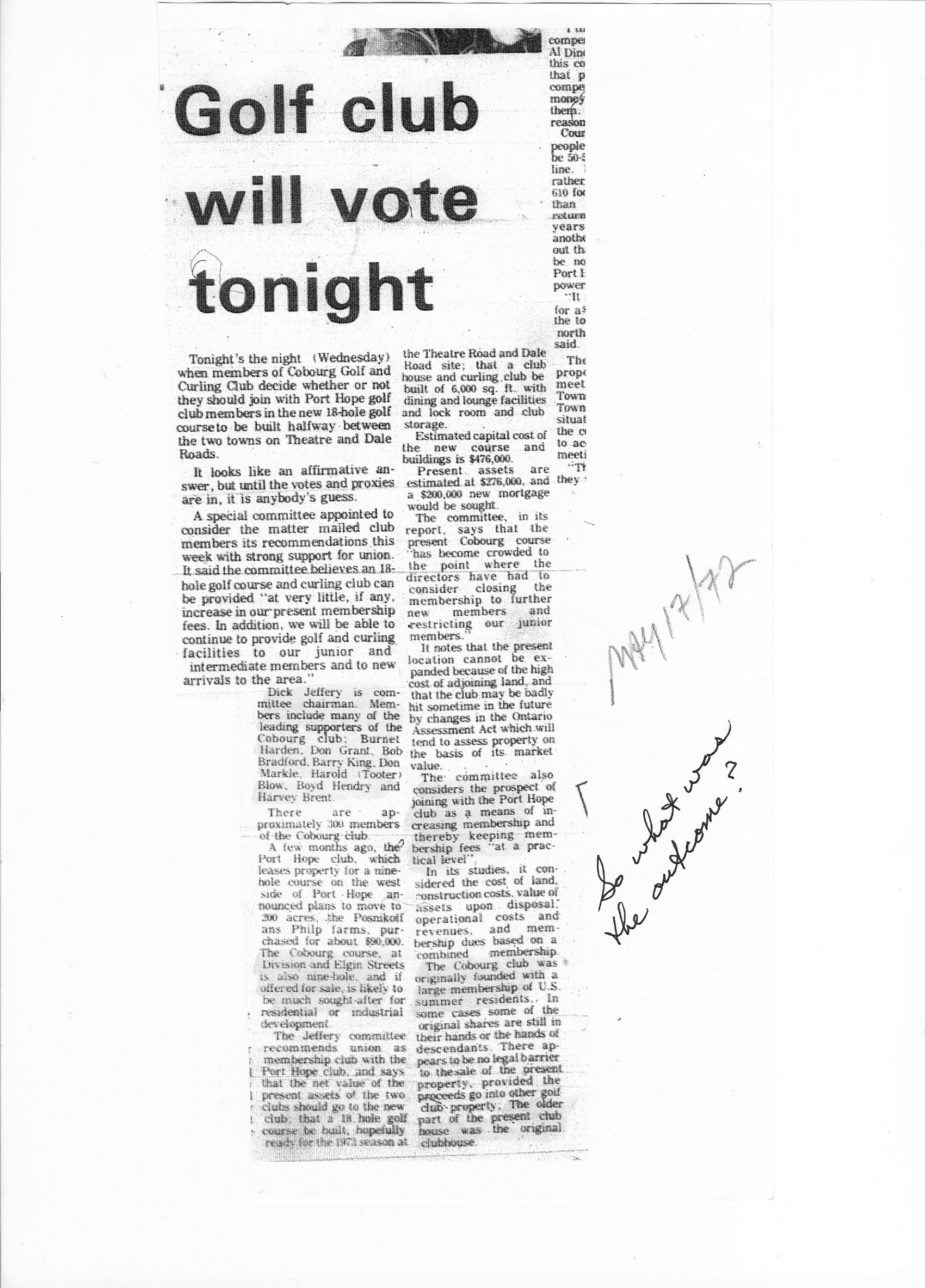 1972-05-17 Golf -Cobourg Votes to Join PH Club