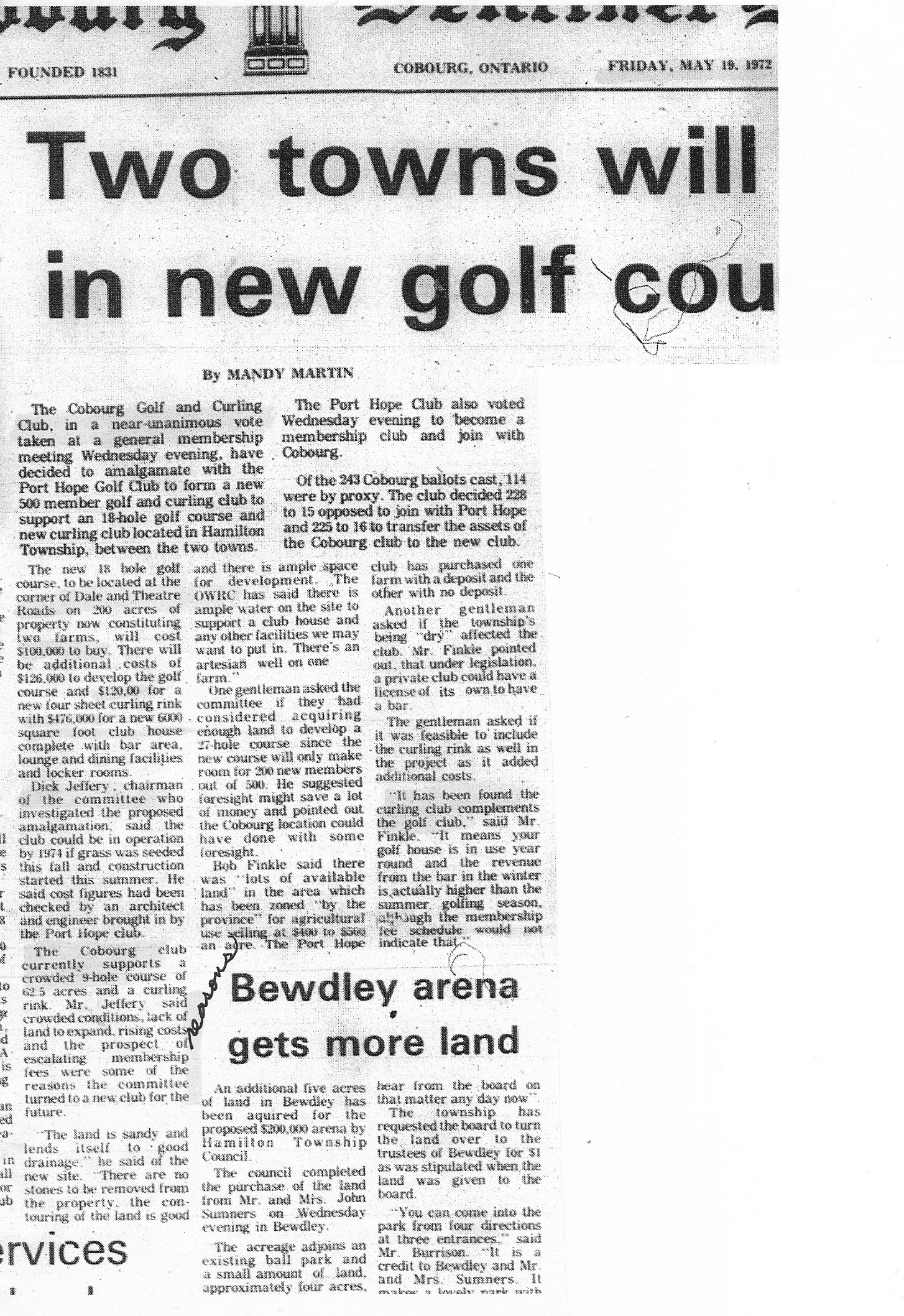 1972-05-19 Golf -Vote to Amalgamate Cobourg and PH Clubs