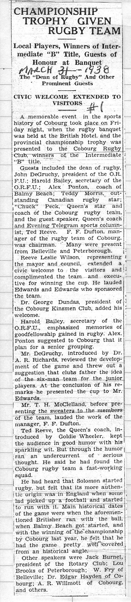 Football -Galloping Ghosts -1938 -Honoured as Provincial Champs at Banquet