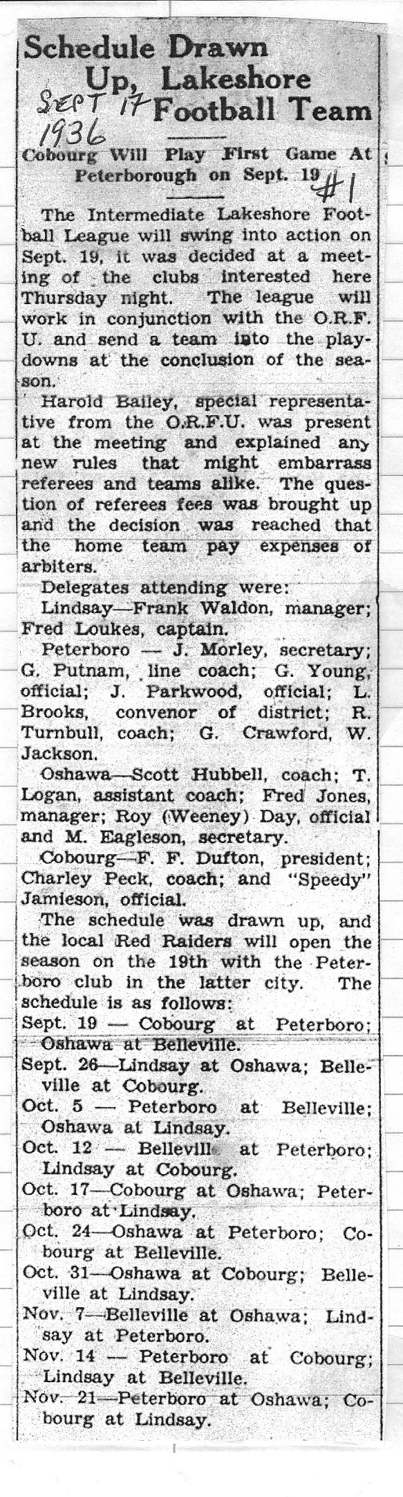 Football -Red Raiders -1936-09-17 -Lakeshore Football League Schedule