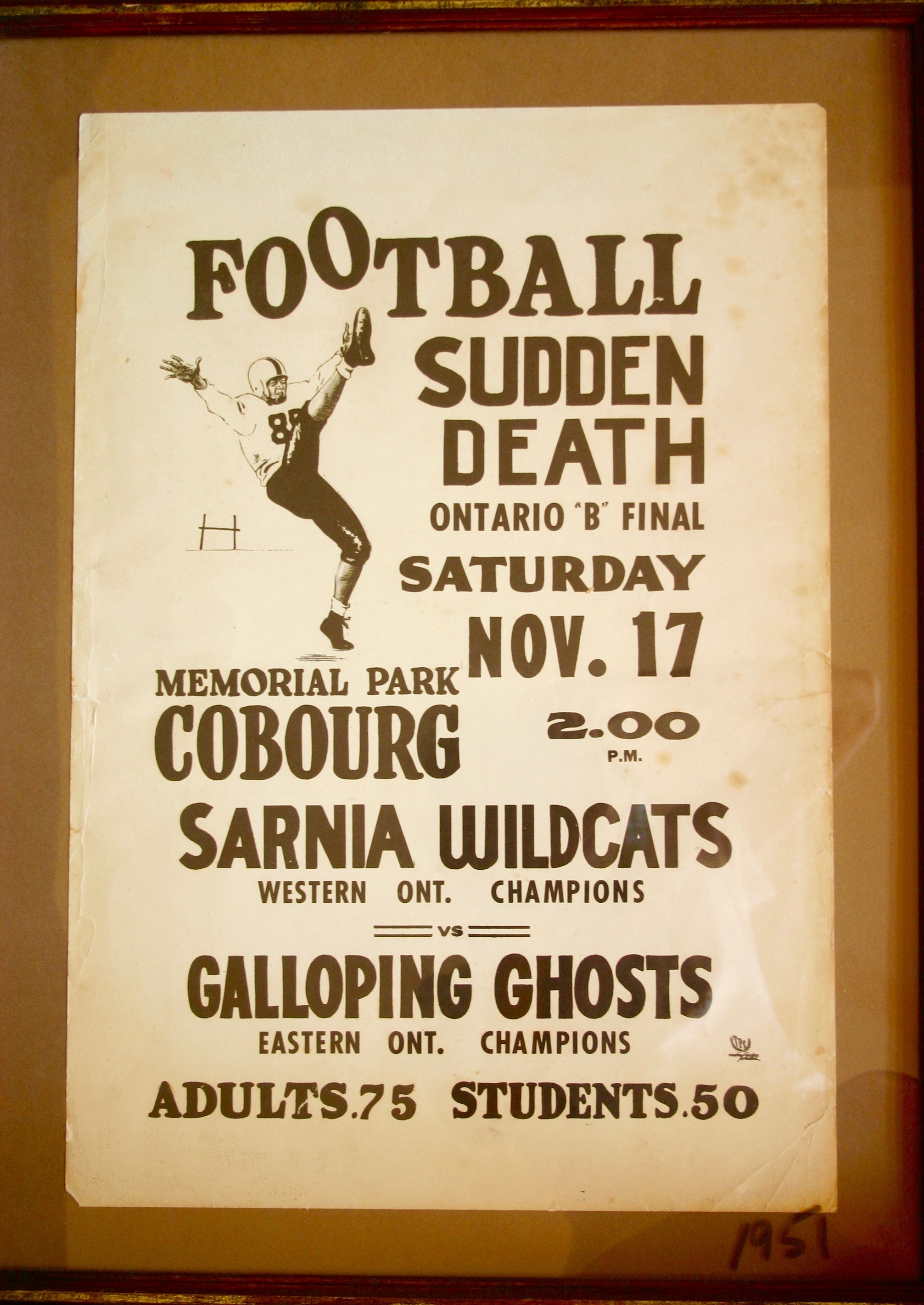 1951 Galloping Ghosts game poster vs Sarnia