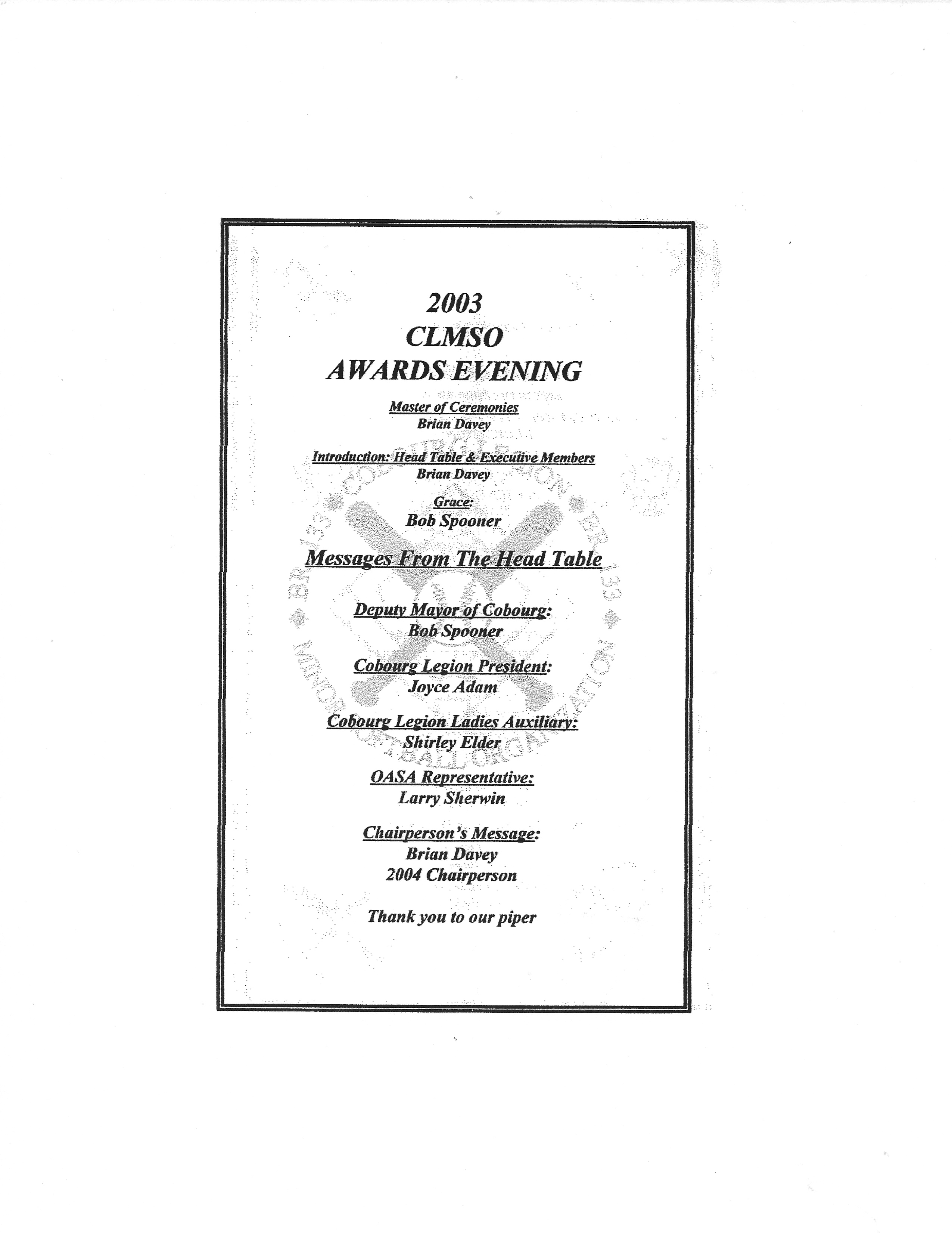 2003 program Cobourg Legion Softball banquet