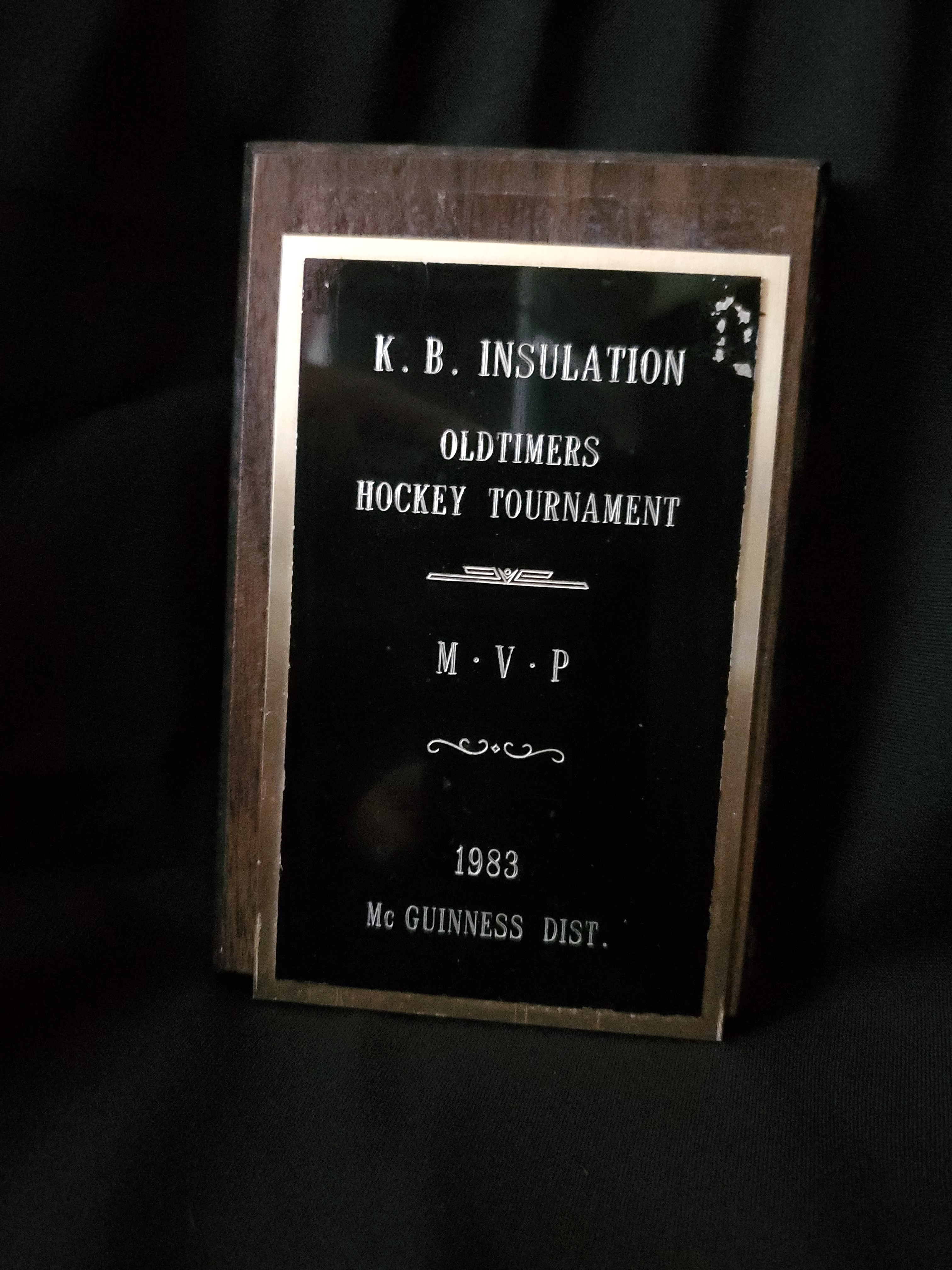1983 OldTimers Tourney MVP plaque Ross Quigley