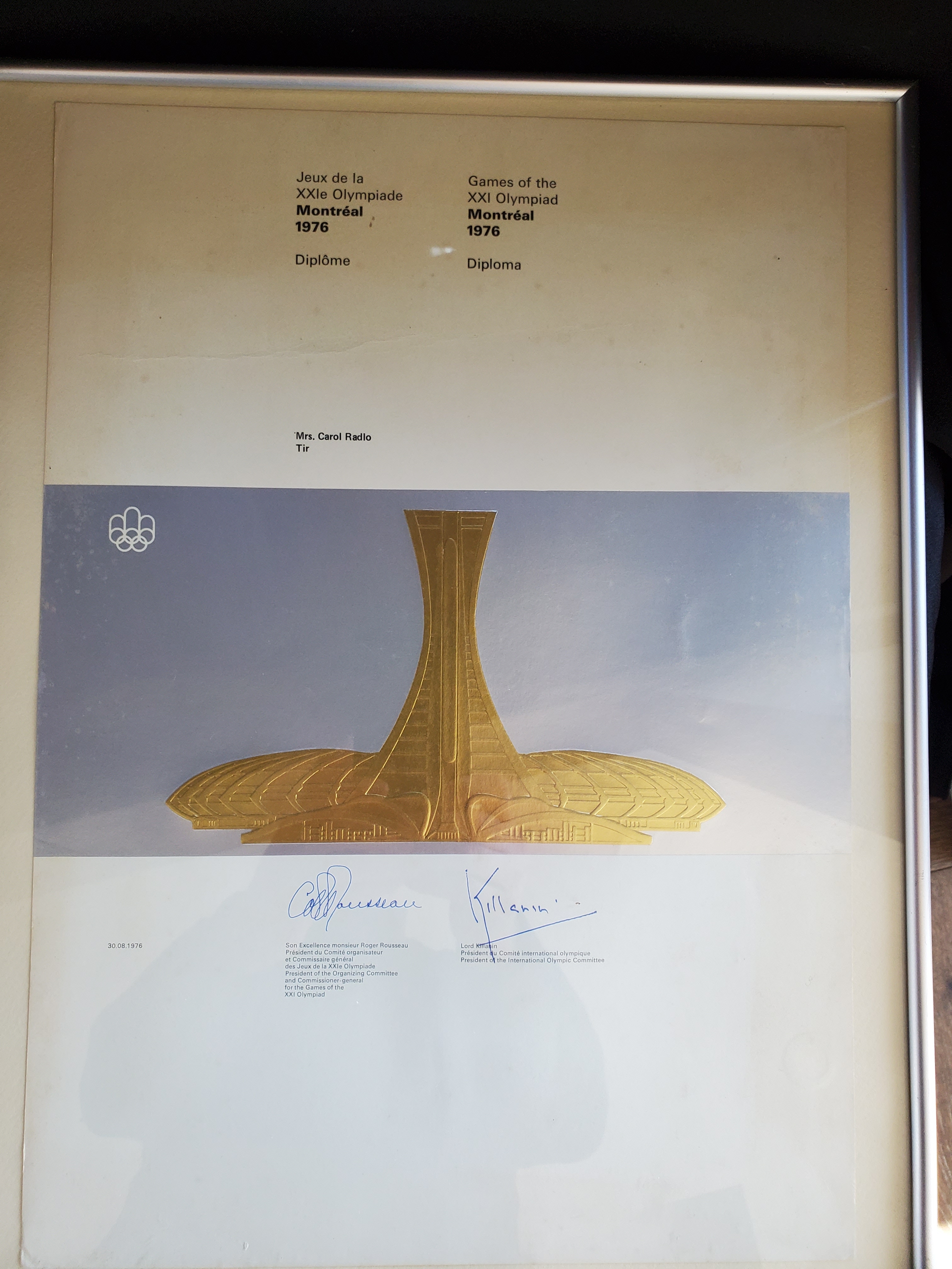 1976 Carol Radlo certificate as Olympic official