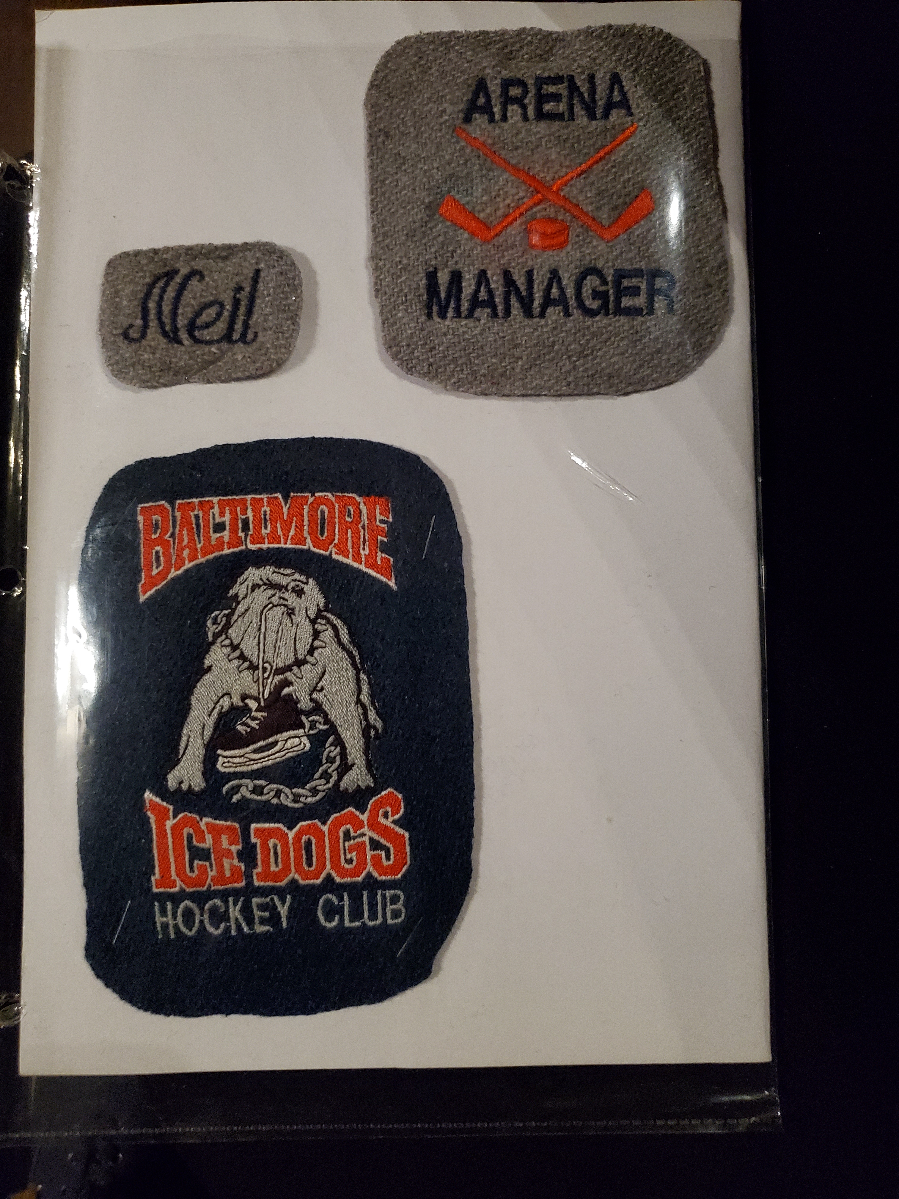 Neil Cane 3 crests 'Arena Manager' 'Baltimore Ice Dogs Hockey Club' 'Neil'
