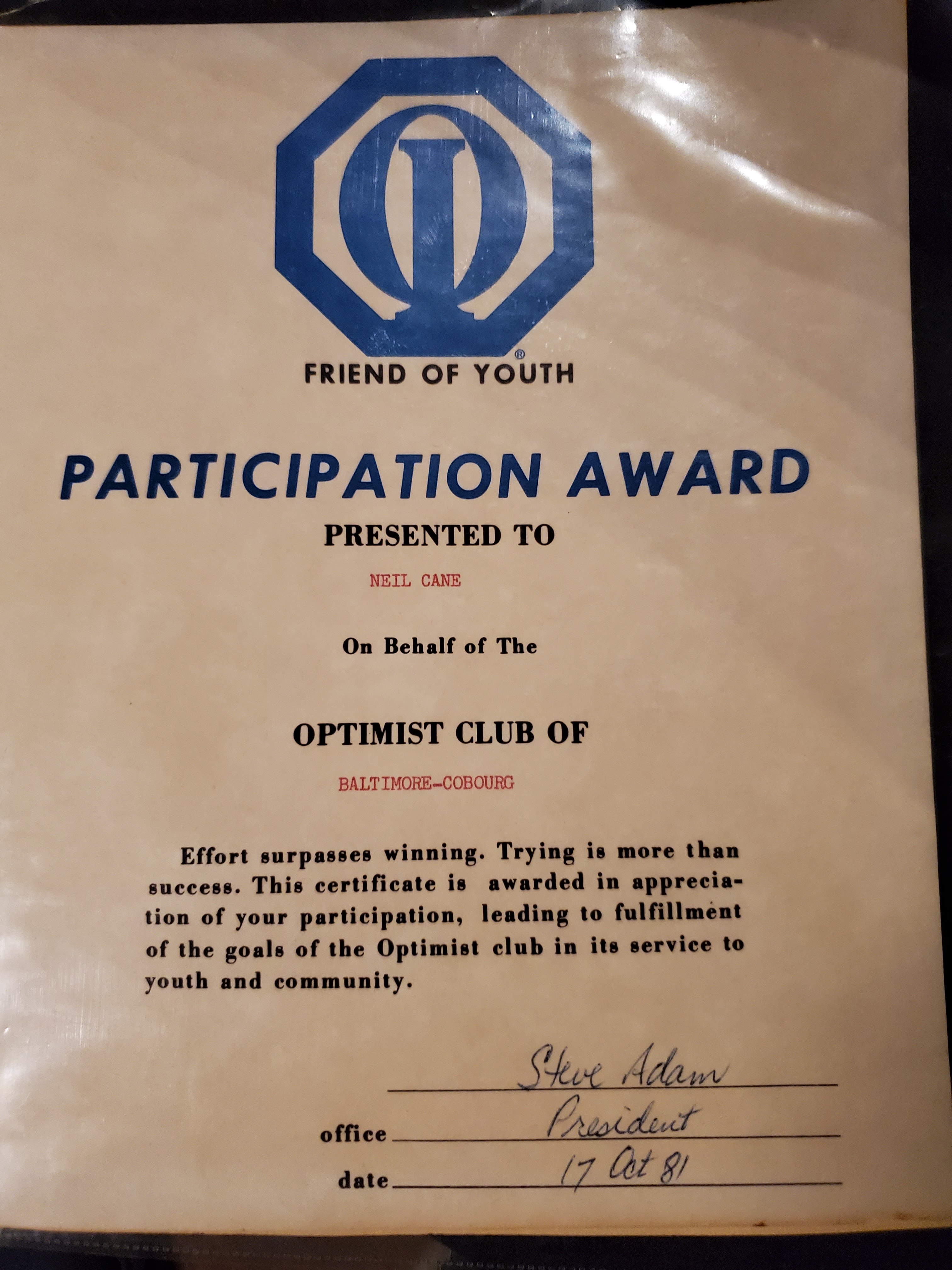 Neil Cane Optimist Participation Award