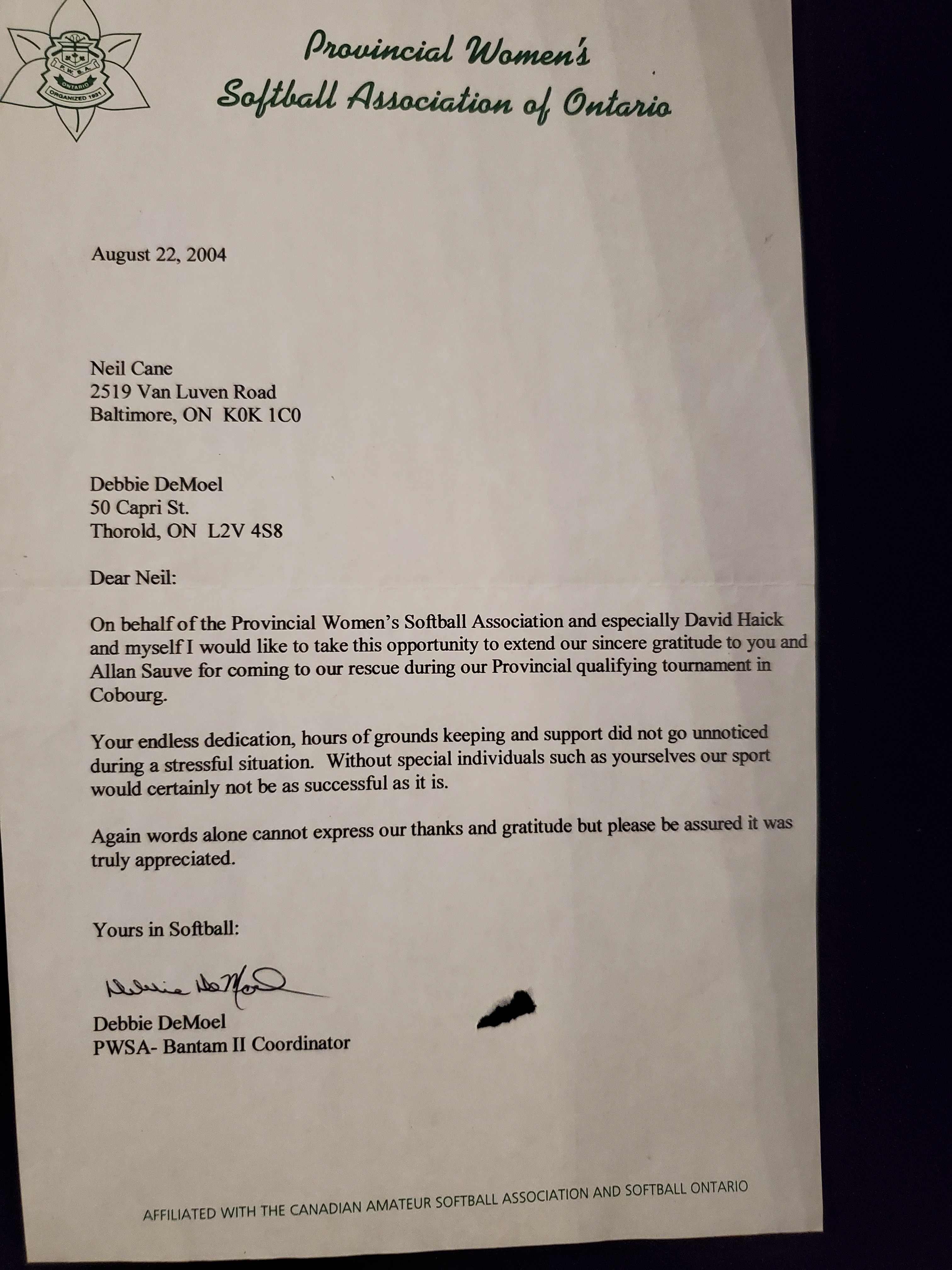 2004 Neil Cane Letter of Thanks from PWSAO