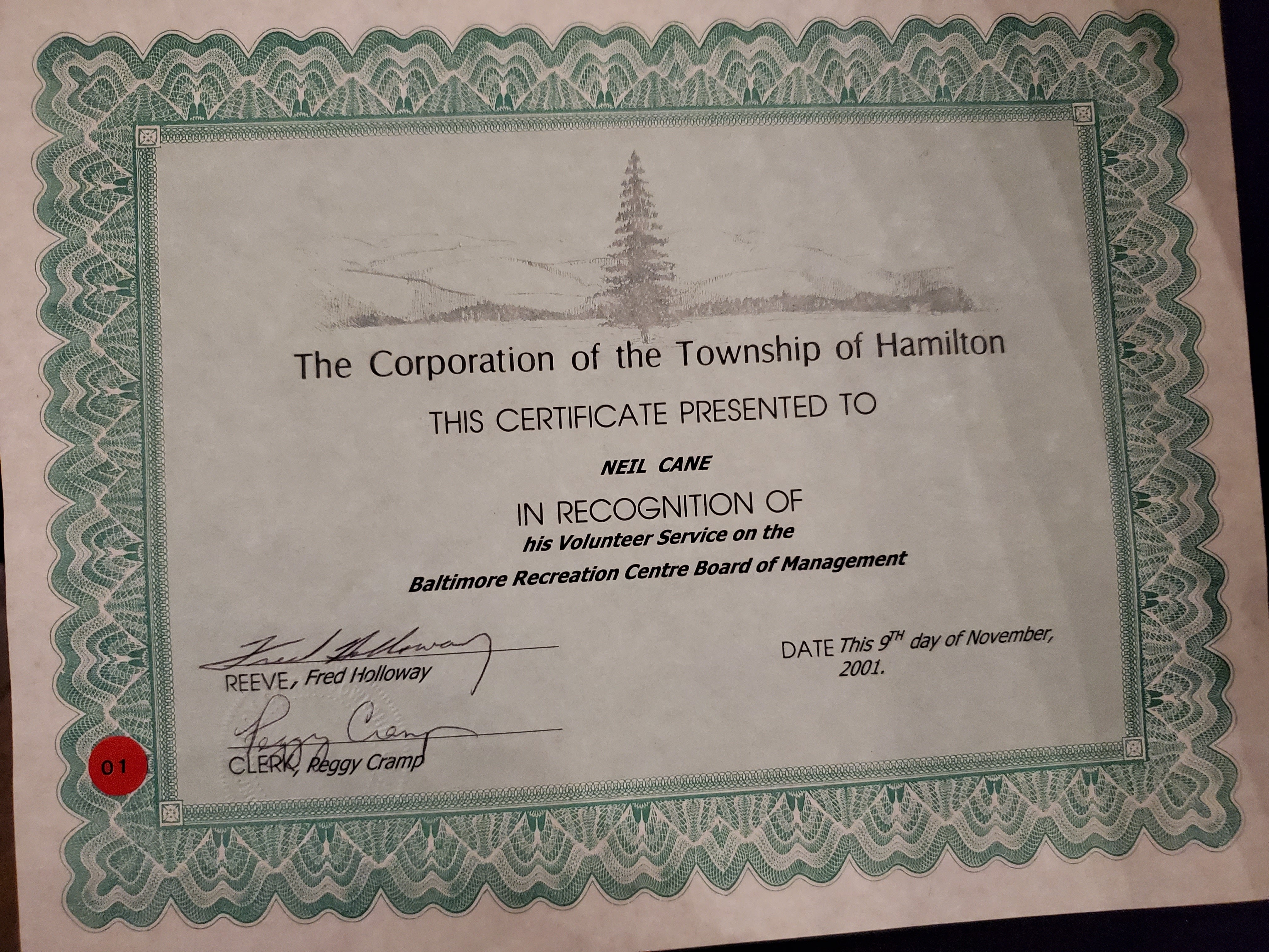 2001 Neil Cane certificate from Hamilton Tsp