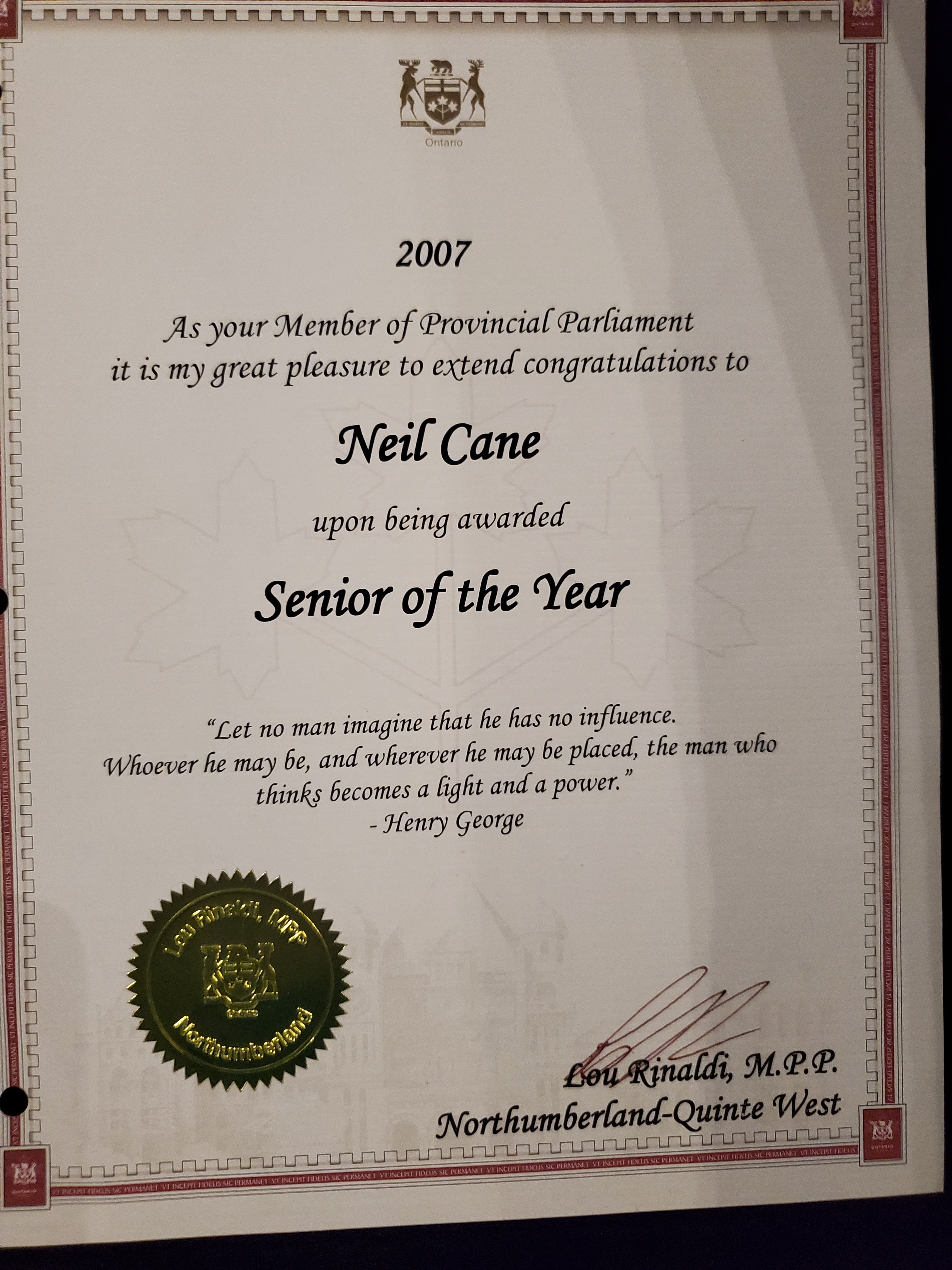 2007 Neil Cane congratulations certificate for Senior of the Year Award from Lou Rinaldi MPP