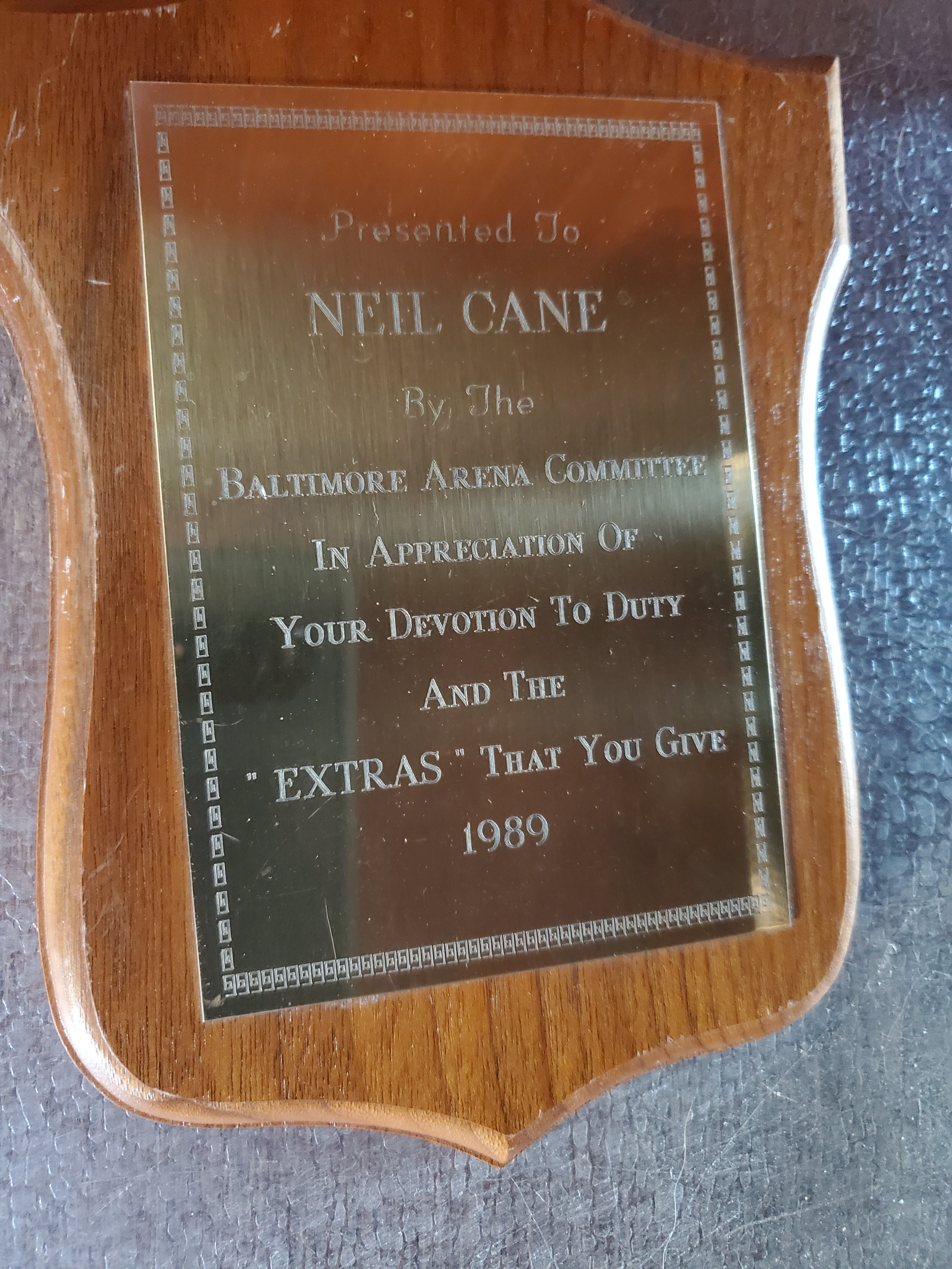 1989 Neil Cane plaque from Baltimore Arena Committee