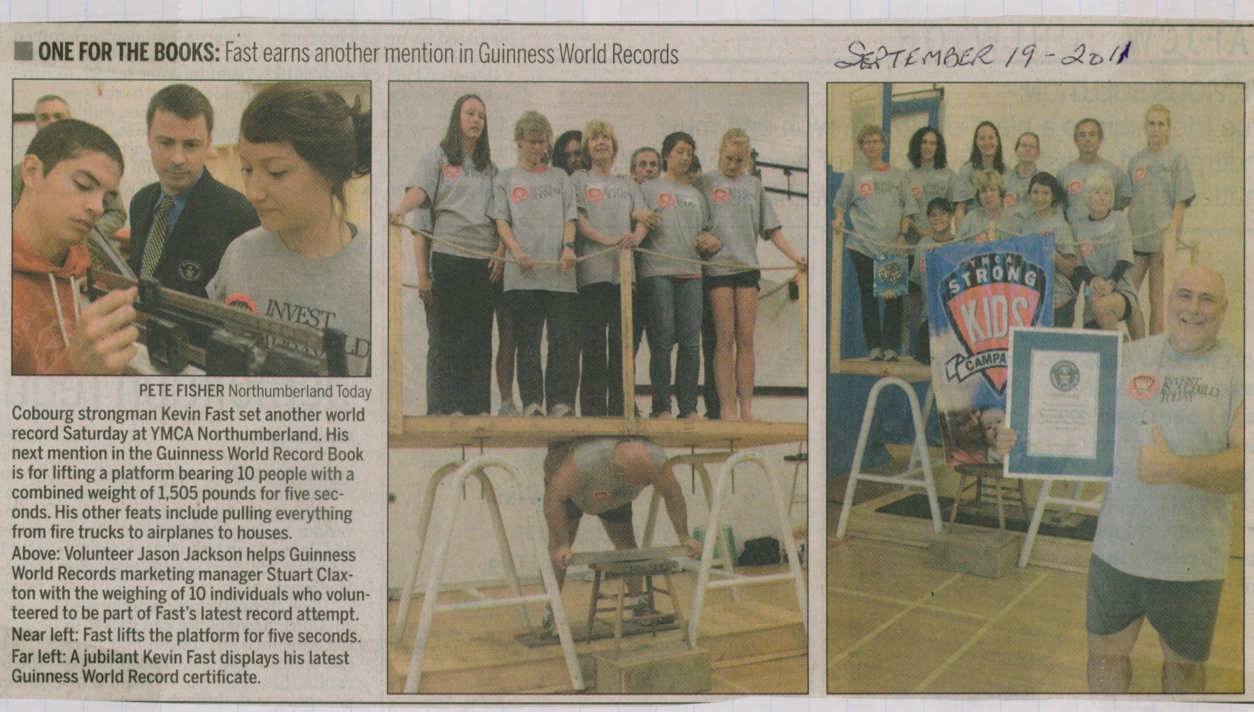 2011 Kevin Fast print story lifting 10 people 5 sec for 14th GWR