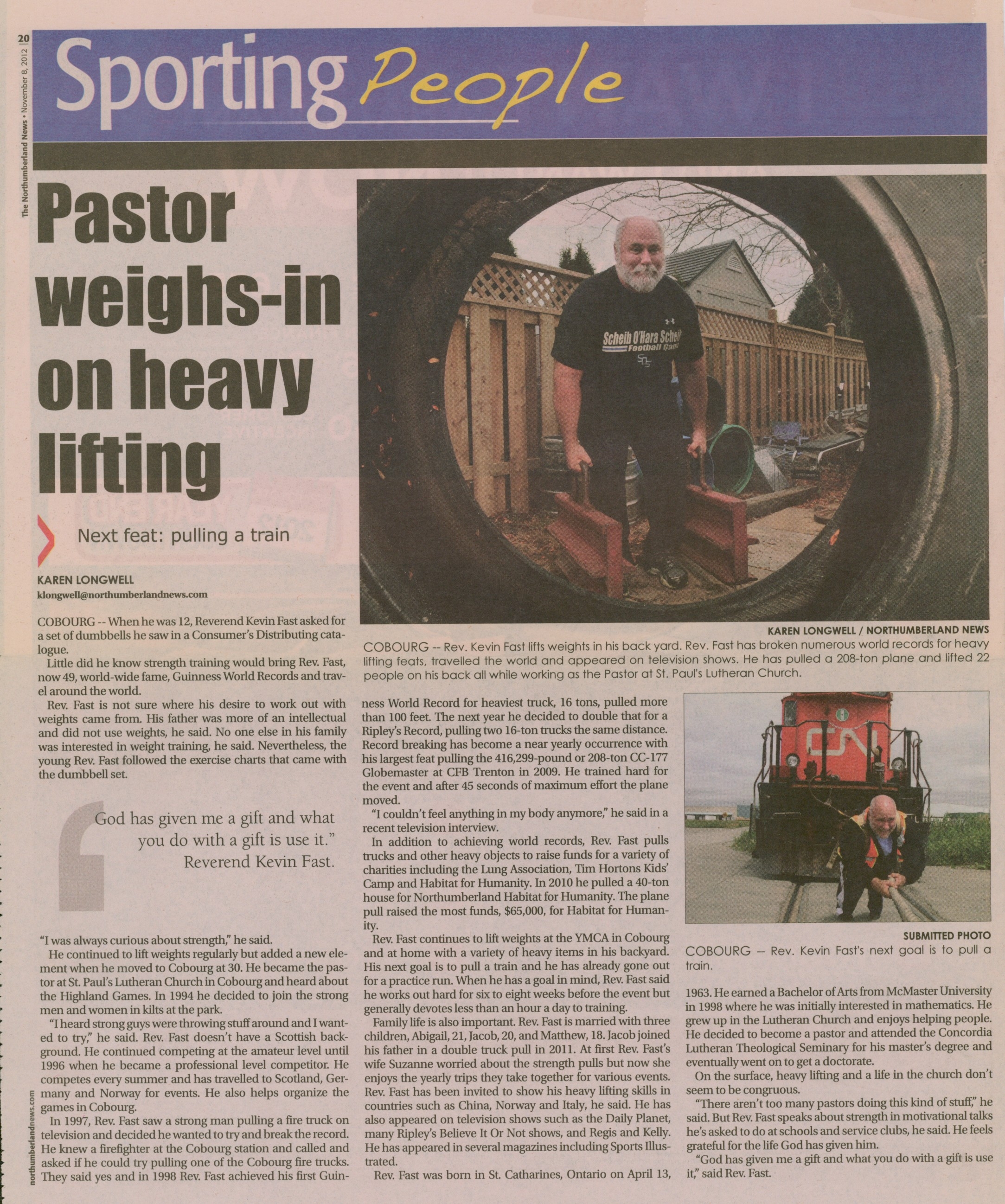 2012 Kevin Fast print story describing family, achievements & future plans