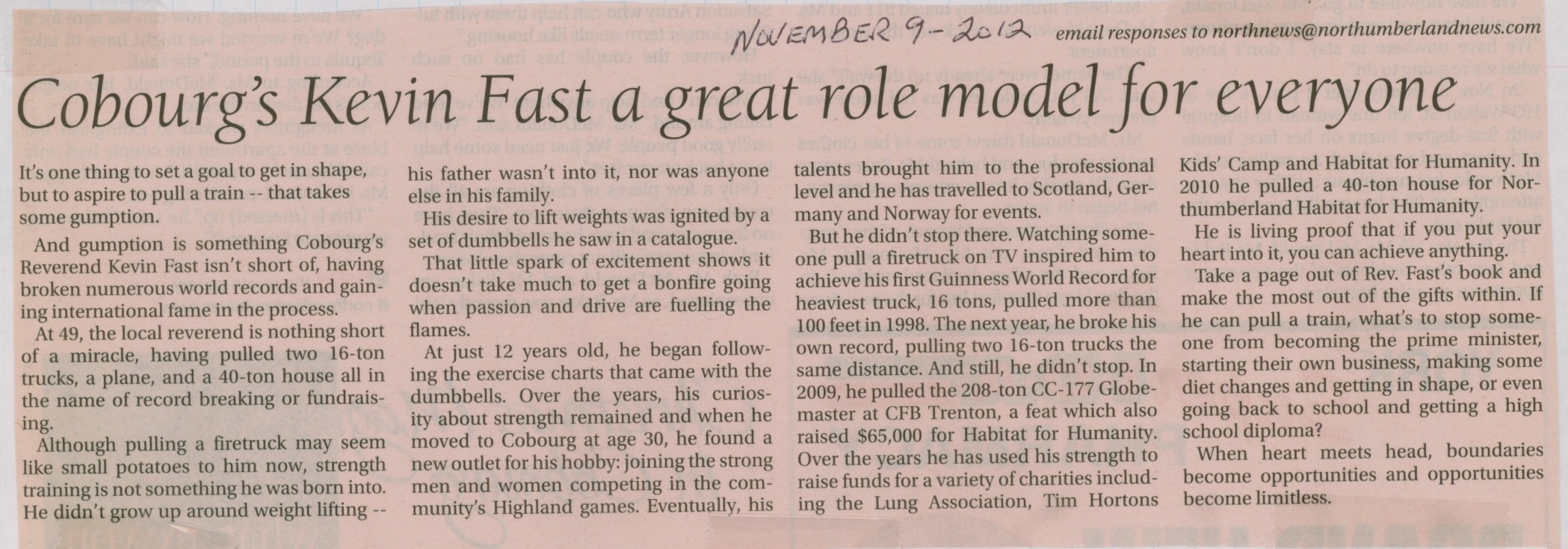 2012 Kevin Fast print story suggesting he is a great role model