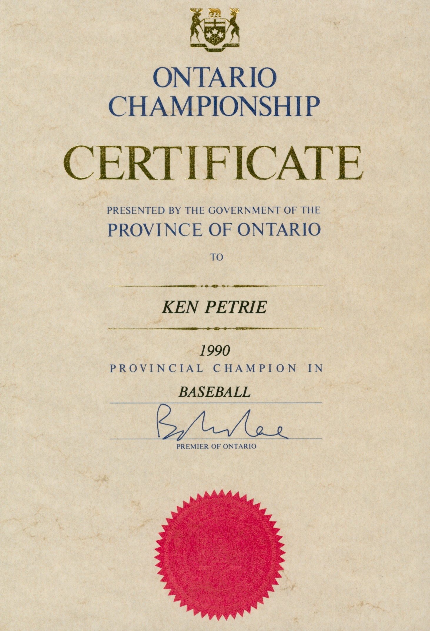 1990 Ken Petrie certificate Provincial Baseball Champion