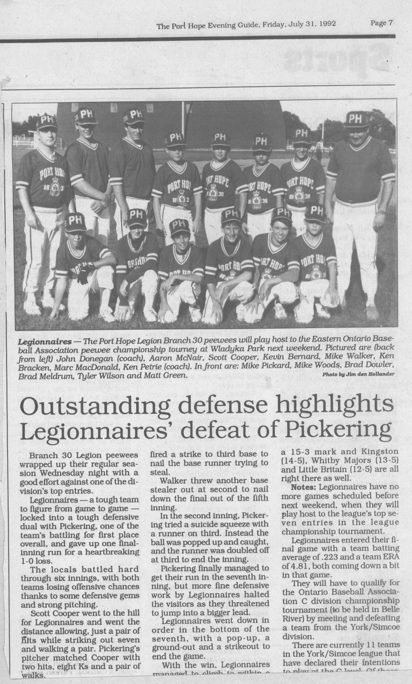 1992 Ken Petrie-Port Hope Legion PeeWees to host EOBA