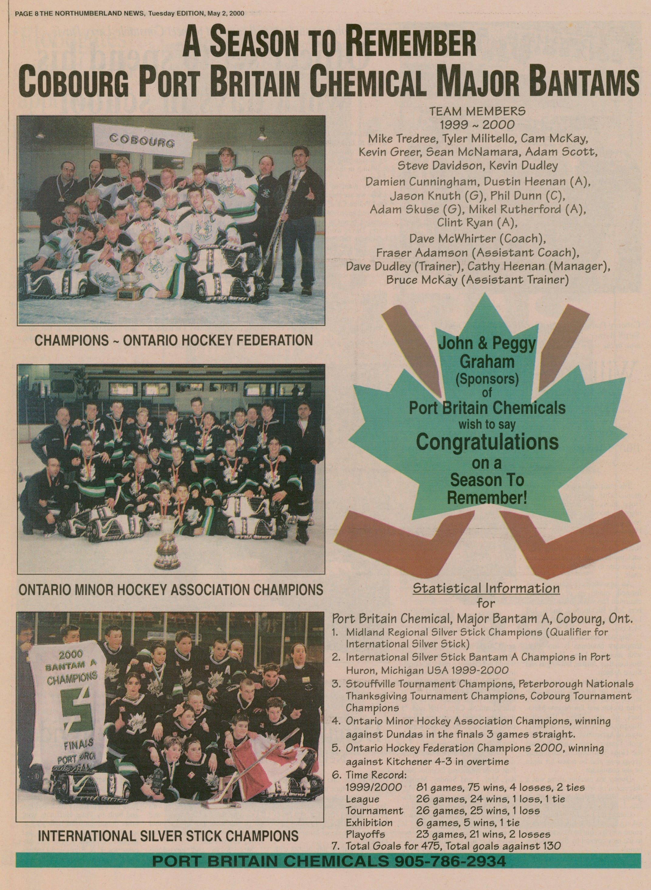 2000 CCHL Port Britain Chemical Major Bantams win OHF, OMHA, Silver Stick championships