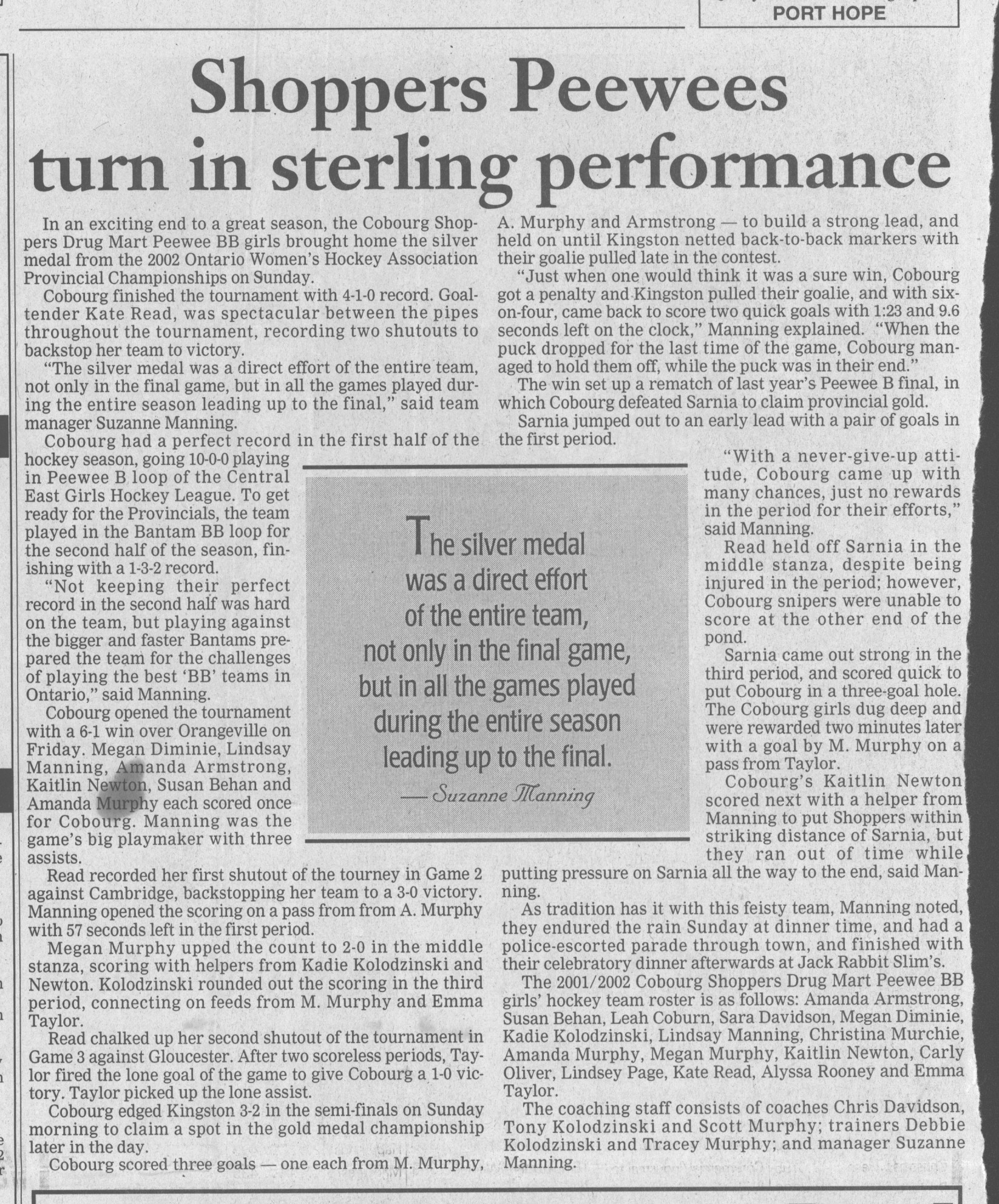 2002 Shoppers Drug Mart PeeWee Girls win OWHA silver