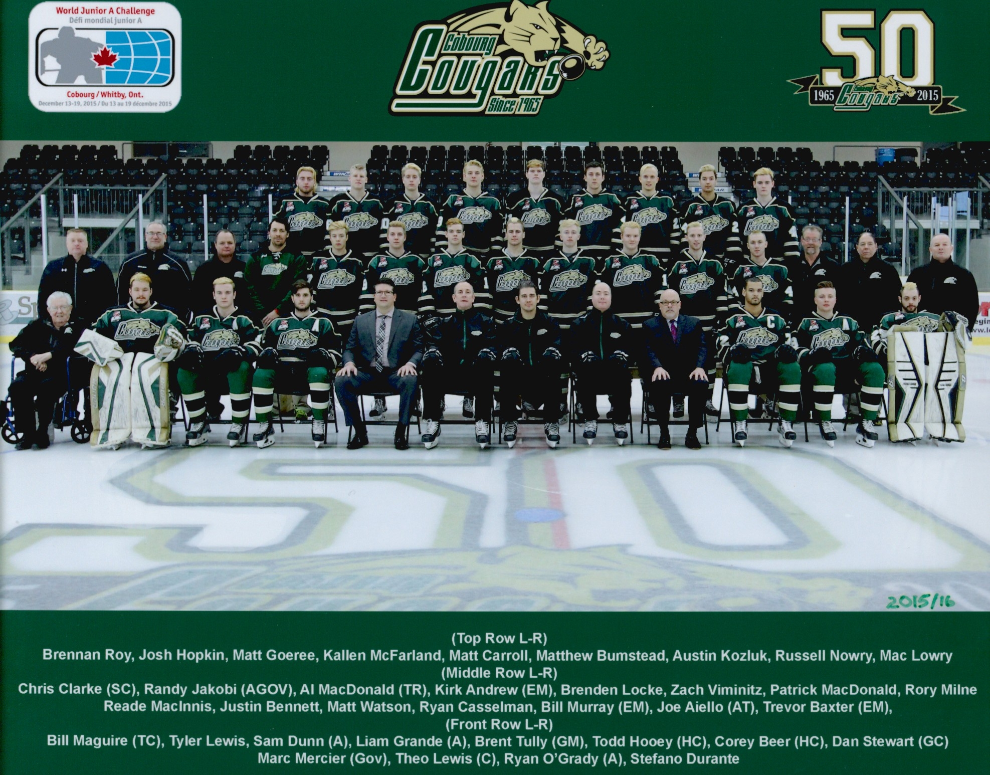 2016 Cobourg Cougars hockey team photo- Junior A